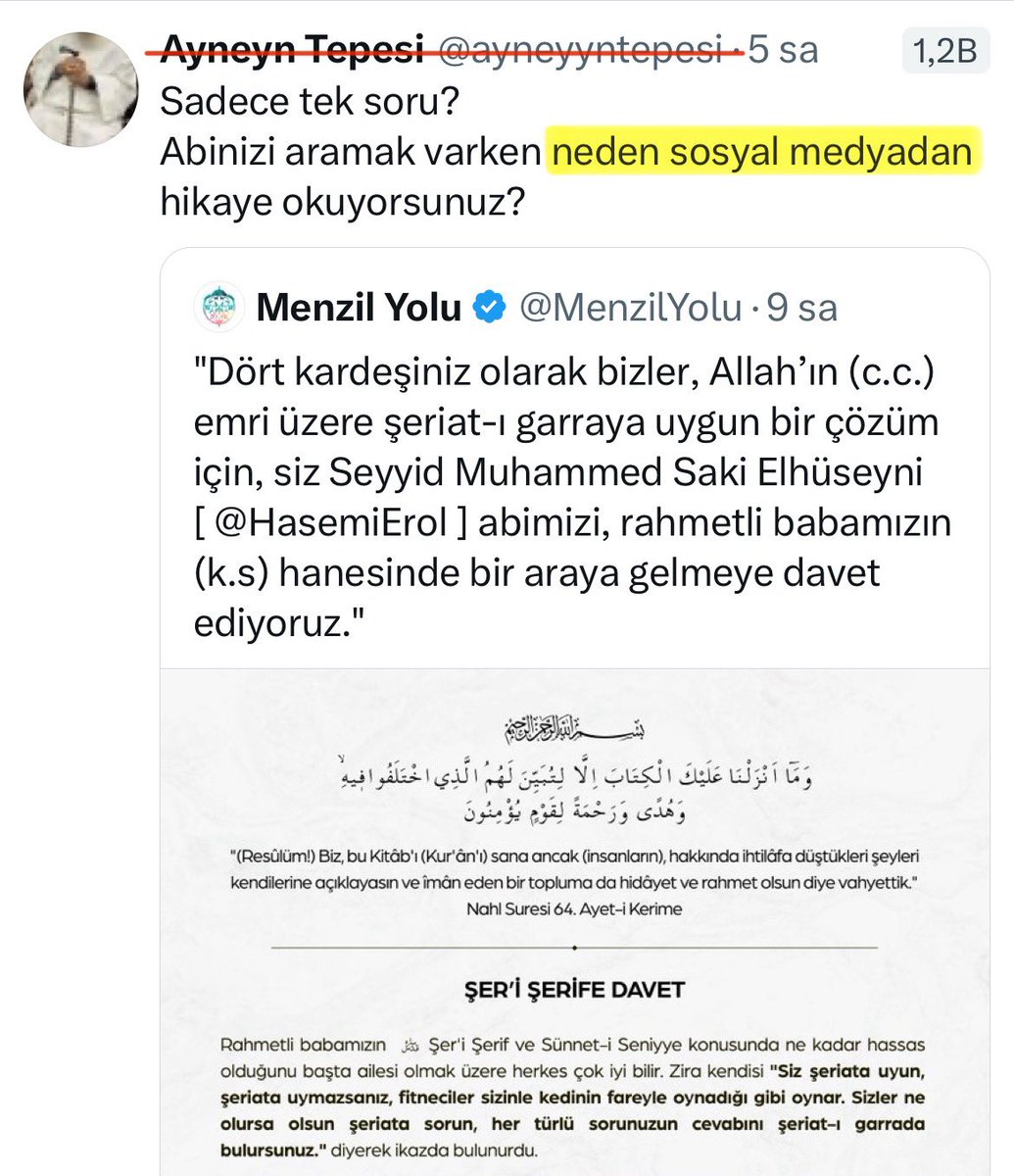 menzilkapisi's tweet photo. ALLAH (cc), HİÇBİR TASAVVUF EHLİNİ;

Yalanla, iftira ile, saçma ve komik ifadelerle,
Şeyh bildiği kişinin davet edildiği şeriata,
Şartsız şurtsuz, gönül huzuru ile gelemeyişini;
Açıklamaya çalışma çabası içine  düşürmesin…

Allah (cc), kimseyi Şerhendilerin aşağıdaki görsellerde düştüğü duruma düşürmesin…

Duamızı ettikten sonra gelelim meseleye !

Gördünüz mü Şerhendi hesaplarının dünkü paylaşımlarını !?

Bir tanesi bile diyememiş ki;
“Ne güzel olmuş, Şeriata davet olmuş, Biz de zaten meselelerin şeriat ile çözülmesi istiyorduk.
Haydi hep beraber bu şeriat çağrısını destekleyelim.
Şeriata gidelim, bu fitneyi bitirelim.”diyememişler.

Ne kadar acınası bir haldeler… 

Gerçi zaten diyemezlerdi ki;
Diyecek olsalar,
Rahmetli Gavsımızın (ks), Ş.Molla Nezir başkanlığındaki Halifelerinden oluşan Şer-i Hakem Heyeti sürecinde, derlerdi. Şeyhlerinin süreci baltalamasına müsaade etmezlerdi…

Hatırlıyor musunuz o süreci !?

Büyük Abi, yine şeriata davet edilmişti.

Şeyhlik iddiasındaki bir kişi, direk “şeriata gelmiyorum” diyemeyeceği için;

Büyük Abi “şeriata gelmiyorum” dememişti ama türlü türlü bahaneler öne sürmüştü.

Yok kışlık camide olsun, yok herkesin içinde olsun, yok kameralar önünde olsun vs. vs. vs…

Büyük Abi sanmıştı ki;
Menzil’in itibarını korumaya çalışan kardeşleri, insan içinde ve kamera önlerinde böyle bir sahne vermeyecektirler ve şartlarını kabul etmeyecektirler. Sanmıştı…

Ama Büyük Abi yine yanılmıştı !
Çünkü meselelerin çözülmemesi Menzil’in itibarına daha fazla zarar vereceği için;

Diğer kardeşler, Büyük Abinin şartsız şurtsuz şeriata gelemeyişini de sinelerine çekip, tüm şartları kabul ederek Şer-i Hakem Heyeti sürecini sürdürmüşlerdi.

Kabul edilmeyeceğini sandığı tüm şartlarının kabulü ile;
Oyunu bozulan Büyük Abi, tüm çabalarına rağmen,
Sürecin kişiler ve kameralar önünde yaşanıyor olması sebebi ile -ki bunu kendisi şart koşmuştu-, imza atmaktan kaçamamıştı.

Ancak;
Sürecin, Şeriat ile devam etmesi halinde;
Kitaplarda dahi geçmeyen, menşei belli olmayan görüşünün haksız çıkacağını,
Herkesin meselenin gerçek yüzünü göreceği gören Büyük Abi,

Şer’i hüküm çalışmalarına ve hükmün açıklanmasına fırsat vermemek için kısa sürede attığı imzadan dönmüştü.

İşte burası çok enteresandı !

Kandırılmış binlerce kişinin, uyanacak olmasının verdiği KORKU ile;
Bir ‘Şeyh’ sözünden ve imzasından dönmeyi, şeriattan kaçmayı tercih etmişti…

Şaşırtıcı olan diğer bir husus da;

Bu yaşananlar sonrası kimi Serhendiler gittikleri yolun yanlış olduğunu anlayıp intisabını değiştirmiş olsa da,

Zaten tüm iddialarının boş çıkacağını bilen Büyük Abinin imzasından dönmesine;
Kimi Serhendilerin hiç tepki göstermemesiydi.

Diyememişlerdi ki;
“Korku girdi içime” diyerek bir şeyhin sözünden, imzasından dönmesi nasıl mümkün olabilir ? dememişlerdi.

Bizim şeyhimiz neden sürekli şartlar sunuyor, meseleyi başka yerlere çekip algı yapmaya çalışıyor ki,
Sanki, Rahmetli Gavsımız’ın (ks) Halifelerinden oluşan Heyet; Şeriatı, Menzili, Vakıfı bilmiyor mu ? diyememişlerdi.

Ama neyseki şimdi yeniden şeriata davet var. 
Serhendiler için yeni bir fırsat var.

Belki şimdi derler…

Belki bu kez, Serhendiler, Serhendi Mollar,
Şeriatın yanında durur da;
Şeyhlerinin bu kez bahanelere ve manipülasyonlara sığınmasına ve süreci baltalamasına müsaade etmezler,
Güzel bir hayra vesile olurlar. İnşallah…

Evet,
Bir kez daha, bekleyip göreceğiz;
Kim Allah’ın (cc) Şeriatının yanında !?
Kim şeriatın karşısında, işin algısında !?
