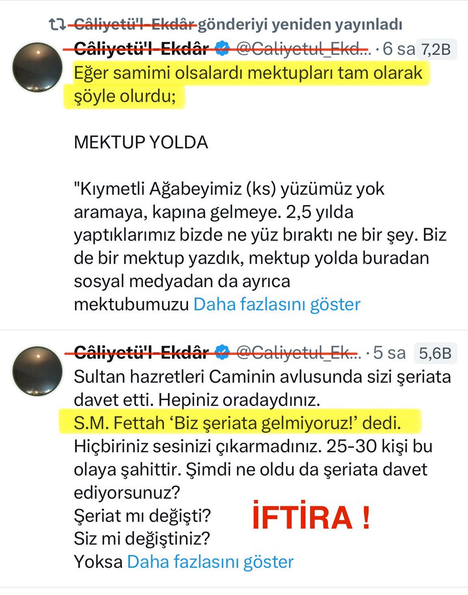 menzilkapisi's tweet photo. ALLAH (cc), HİÇBİR TASAVVUF EHLİNİ;

Yalanla, iftira ile, saçma ve komik ifadelerle,
Şeyh bildiği kişinin davet edildiği şeriata,
Şartsız şurtsuz, gönül huzuru ile gelemeyişini;
Açıklamaya çalışma çabası içine  düşürmesin…

Allah (cc), kimseyi Şerhendilerin aşağıdaki görsellerde düştüğü duruma düşürmesin…

Duamızı ettikten sonra gelelim meseleye !

Gördünüz mü Şerhendi hesaplarının dünkü paylaşımlarını !?

Bir tanesi bile diyememiş ki;
“Ne güzel olmuş, Şeriata davet olmuş, Biz de zaten meselelerin şeriat ile çözülmesi istiyorduk.
Haydi hep beraber bu şeriat çağrısını destekleyelim.
Şeriata gidelim, bu fitneyi bitirelim.”diyememişler.

Ne kadar acınası bir haldeler… 

Gerçi zaten diyemezlerdi ki;
Diyecek olsalar,
Rahmetli Gavsımızın (ks), Ş.Molla Nezir başkanlığındaki Halifelerinden oluşan Şer-i Hakem Heyeti sürecinde, derlerdi. Şeyhlerinin süreci baltalamasına müsaade etmezlerdi…

Hatırlıyor musunuz o süreci !?

Büyük Abi, yine şeriata davet edilmişti.

Şeyhlik iddiasındaki bir kişi, direk “şeriata gelmiyorum” diyemeyeceği için;

Büyük Abi “şeriata gelmiyorum” dememişti ama türlü türlü bahaneler öne sürmüştü.

Yok kışlık camide olsun, yok herkesin içinde olsun, yok kameralar önünde olsun vs. vs. vs…

Büyük Abi sanmıştı ki;
Menzil’in itibarını korumaya çalışan kardeşleri, insan içinde ve kamera önlerinde böyle bir sahne vermeyecektirler ve şartlarını kabul etmeyecektirler. Sanmıştı…

Ama Büyük Abi yine yanılmıştı !
Çünkü meselelerin çözülmemesi Menzil’in itibarına daha fazla zarar vereceği için;

Diğer kardeşler, Büyük Abinin şartsız şurtsuz şeriata gelemeyişini de sinelerine çekip, tüm şartları kabul ederek Şer-i Hakem Heyeti sürecini sürdürmüşlerdi.

Kabul edilmeyeceğini sandığı tüm şartlarının kabulü ile;
Oyunu bozulan Büyük Abi, tüm çabalarına rağmen,
Sürecin kişiler ve kameralar önünde yaşanıyor olması sebebi ile -ki bunu kendisi şart koşmuştu-, imza atmaktan kaçamamıştı.

Ancak;
Sürecin, Şeriat ile devam etmesi halinde;
Kitaplarda dahi geçmeyen, menşei belli olmayan görüşünün haksız çıkacağını,
Herkesin meselenin gerçek yüzünü göreceği gören Büyük Abi,

Şer’i hüküm çalışmalarına ve hükmün açıklanmasına fırsat vermemek için kısa sürede attığı imzadan dönmüştü.

İşte burası çok enteresandı !

Kandırılmış binlerce kişinin, uyanacak olmasının verdiği KORKU ile;
Bir ‘Şeyh’ sözünden ve imzasından dönmeyi, şeriattan kaçmayı tercih etmişti…

Şaşırtıcı olan diğer bir husus da;

Bu yaşananlar sonrası kimi Serhendiler gittikleri yolun yanlış olduğunu anlayıp intisabını değiştirmiş olsa da,

Zaten tüm iddialarının boş çıkacağını bilen Büyük Abinin imzasından dönmesine;
Kimi Serhendilerin hiç tepki göstermemesiydi.

Diyememişlerdi ki;
“Korku girdi içime” diyerek bir şeyhin sözünden, imzasından dönmesi nasıl mümkün olabilir ? dememişlerdi.

Bizim şeyhimiz neden sürekli şartlar sunuyor, meseleyi başka yerlere çekip algı yapmaya çalışıyor ki,
Sanki, Rahmetli Gavsımız’ın (ks) Halifelerinden oluşan Heyet; Şeriatı, Menzili, Vakıfı bilmiyor mu ? diyememişlerdi.

Ama neyseki şimdi yeniden şeriata davet var. 
Serhendiler için yeni bir fırsat var.

Belki şimdi derler…

Belki bu kez, Serhendiler, Serhendi Mollar,
Şeriatın yanında durur da;
Şeyhlerinin bu kez bahanelere ve manipülasyonlara sığınmasına ve süreci baltalamasına müsaade etmezler,
Güzel bir hayra vesile olurlar. İnşallah…

Evet,
Bir kez daha, bekleyip göreceğiz;
Kim Allah’ın (cc) Şeriatının yanında !?
Kim şeriatın karşısında, işin algısında !?