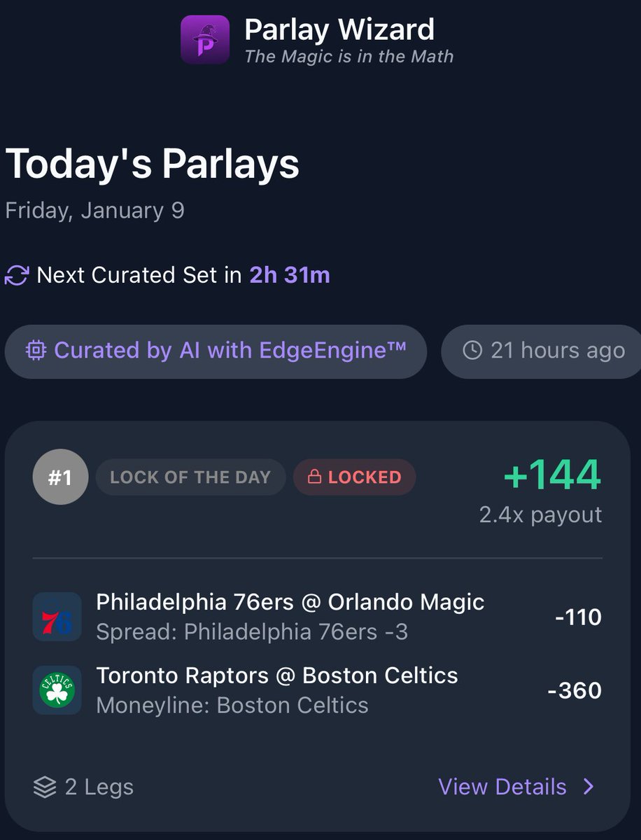 ParlayWizardEV's tweet image. The Wizard strikes again 🔥

The Lock of the Day SMACKS ✅

That’s 12 winning parlays since  Dec 29th

Get on board for tomorrow’s slate!!

parlaywizard.app