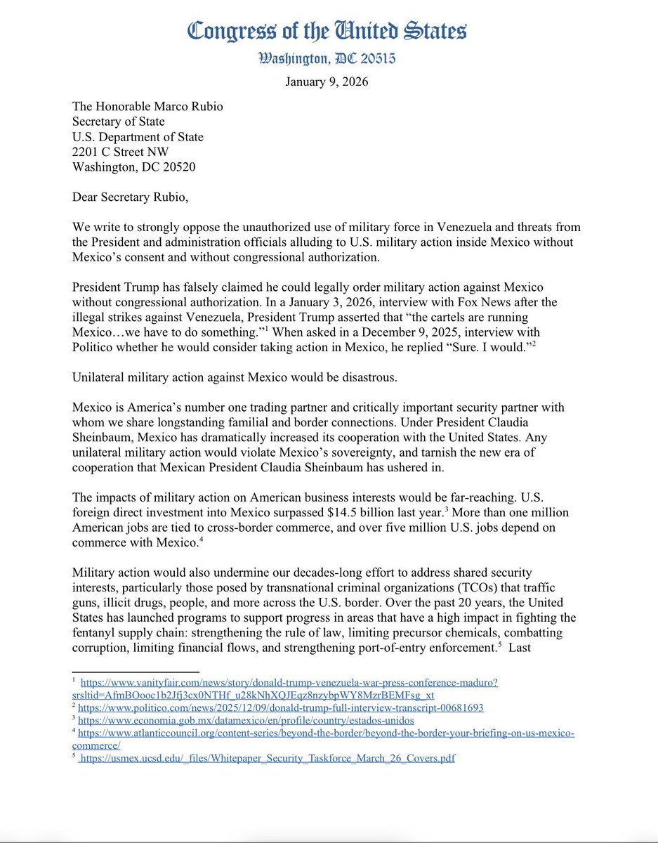 VOMexico's tweet photo. #MexicoUS 🇲🇽🇺🇸 U.S lawmakers send a latter to Secretary of State, Marco Rubio warning that “any unilateral military action would be disastrous” and “would destroy trust, eviscerate cooperation with Mexican authorities…”

Source: https://t.co/SB2AodvacM https://t.co/iVUWVK53Cn