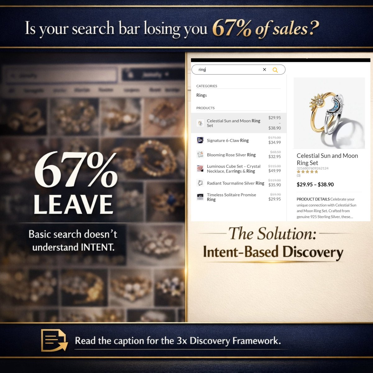 khairulcoder's tweet photo. 67% of jewelry buyers leave frustrated.

Why? Basic search fails them.

They search "ring" Want: engagement <$500 Get: Random mixed results
Adv search fixes it: ✓ Budget filters ✓ Metal sorting
✓ Occasion tags
Result: $2K sale vs lost customer

search = your 24/7 salesperson https://t.co/TEBhhmgC3Z