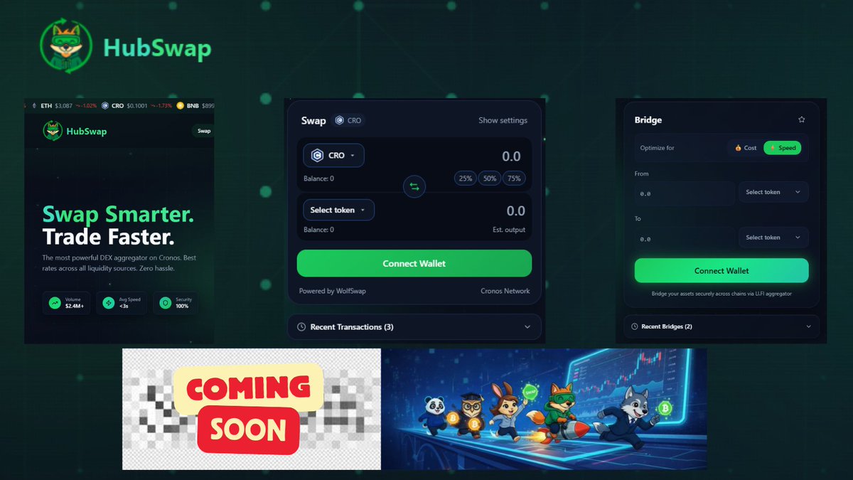 Web3HubLLC's tweet photo. HubSwap Season 1 incoming... 🌌
HubSwap launches SOON - powered by @wolfswapdotapp API for lightning Cronos swaps + seamless built-in bridge.
But the real heat?
Something BIGGER still cooking... 👀
Position up. #Web3Hub #HubSwap #Cronos https://t.co/I1HZ1P41na
