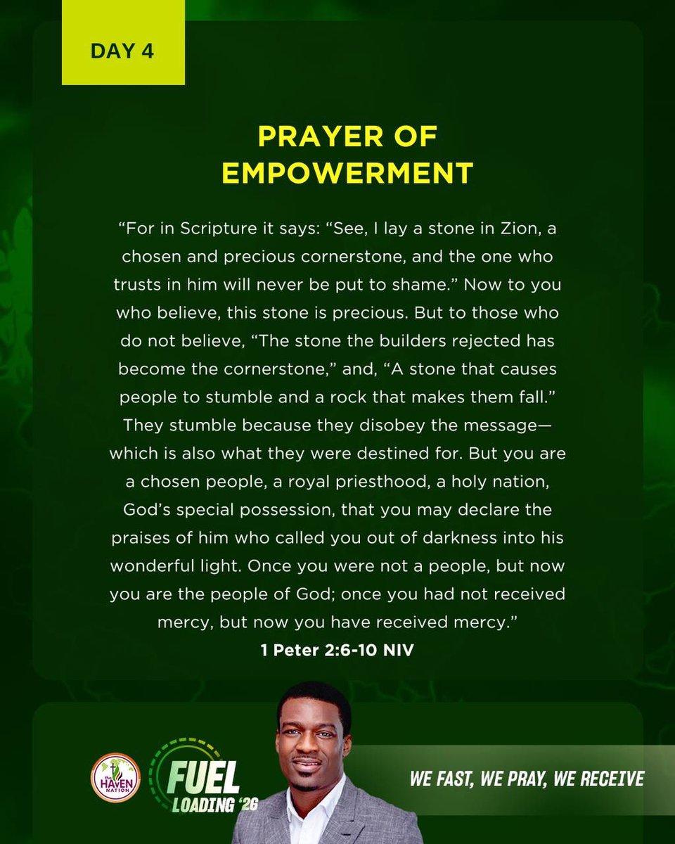 thnchurch's tweet photo. THN | FUEL LOADING 2026⛽️
Day 04 - Prayer of Empowerment
1 Peter 2:6-10 NIV
#HappyNewYear2026 #RestorationExperience #Impact #Impactinglives #RaisingGiants #THN #GiantsTheatre #TomiwaOluyen #OlamideTomiwaOluyen #OluwaseunFortuneIbrahim https://t.co/aSduk2SmYr