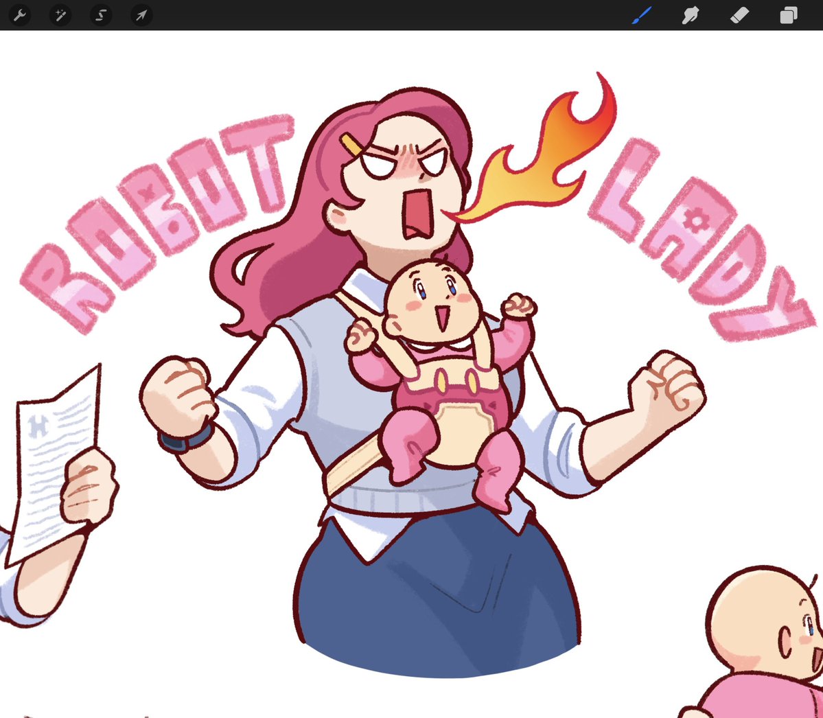 ROBOT LADY!

shes dad's coworker that hates everyone on the office but on take your kid to work day she got caught by a fat bald baby 😭