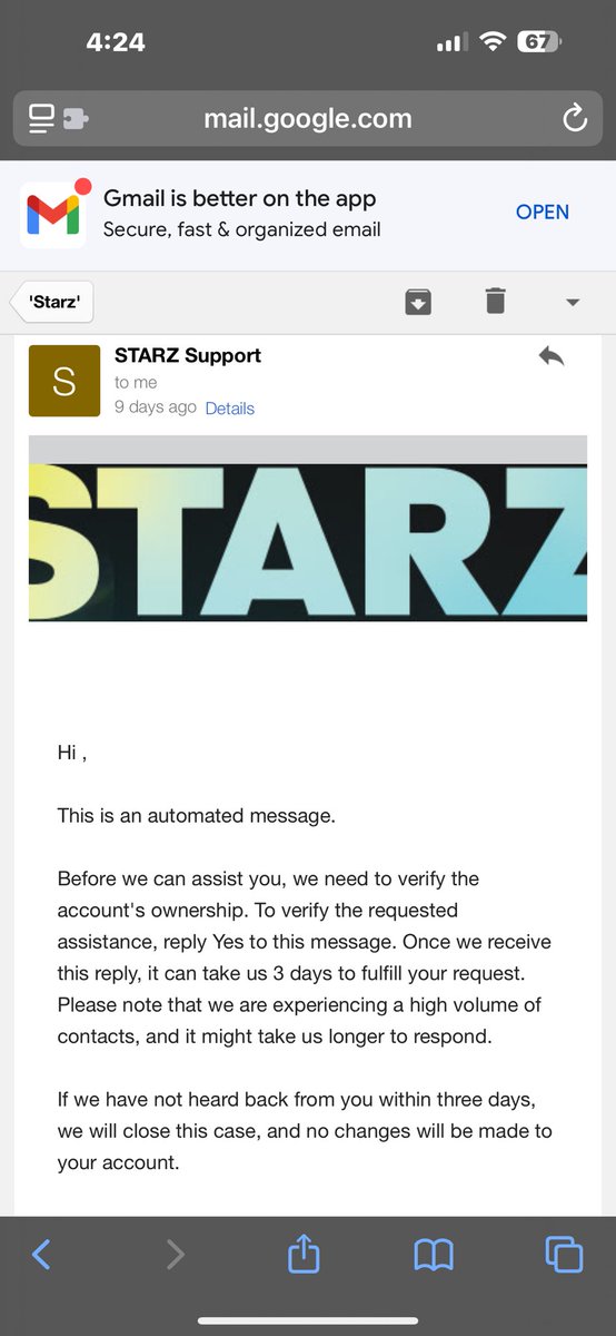 OGirlMedia's tweet photo. @STARZ Why is your #CustomerSupport so terrible? I am yet to hear back from anyone 9 days later on my concern. I have already cancelled my service and want a refund. https://t.co/VlA56wb7iq