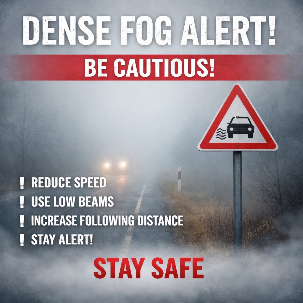 CPJalandhar's tweet photo. 🌫️ DENSE FOG ALERT 🌫️
Low visibility on roads—drive slow, use low beams, and keep a safe distance.
Your caution can save lives. 🚗⚠️
Stay alert. Stay safe.
#DenseFogAlert #LowVisibility #RoadSafety #DriveSlow #StayAlert #TrafficAdvisory #SafetyFirst #BeCautious https://t.co/jyjepDmz4u