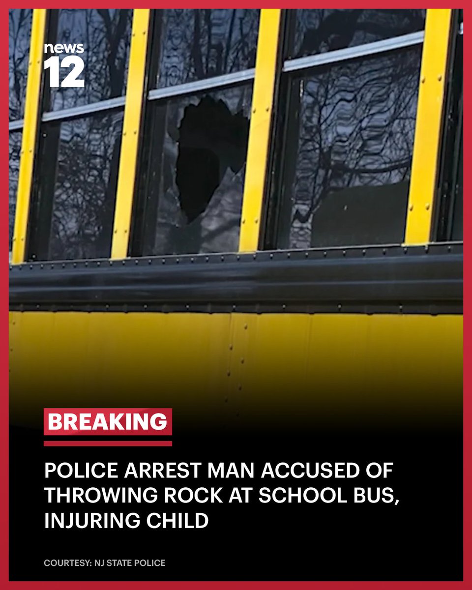 News12NJ's tweet photo. JUST IN: Police arrested a Palisades Park man accused of throwing a rock through the window of a school bus on the New Jersey Turnpike, injuring an 8-year-old girl.
#News12 #NewJersey #Crime #NJPolice #SchoolBus #NewJerseyTurnpike #News #LocalNews
https://t.co/xqPpuHZ463 https://t.co/MvPBs6ocw3