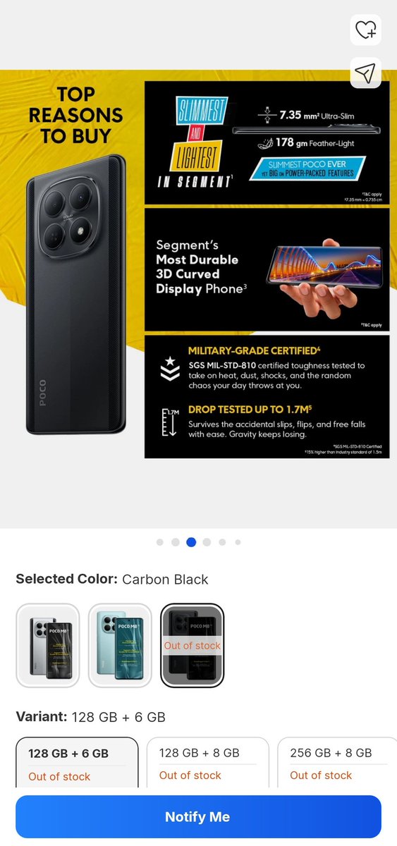 Zmetaverse's tweet photo. @IndiaPOCO The POCO M8 5G is an ultra-slim 7.35mm and feather-light at just 178g – truly slaying as the slimmest and lightest in its segment! Here's the screenshot straight from Flipkart to prove it. Fingers crossed for the win!  #POCOM85G #DesignedToSlay @IndiaPOCO https://t.co/dH08aKbNnL