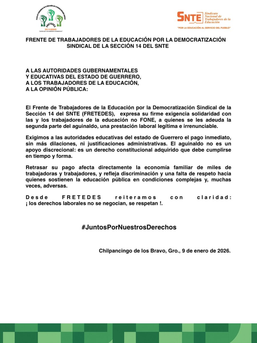 POSICIONAMIENTO EN TORNO AL RETRASO DEL PAGO DE LA SEGUNDA PARTE DEL AGUINALDO A TRABAJADORES DE LA EDUCACIÓN NO FONE ✳️
#JuntosPorNuestrosDerechos
#SomosEquipoFRETEDES <a href="/Claudiashein/">Claudia Sheinbaum Pardo</a> #Acapulco #FelizViernes Trump Oregón USDT Celulares Guerrero Venezuela EEUU Cruz Azul #explosión