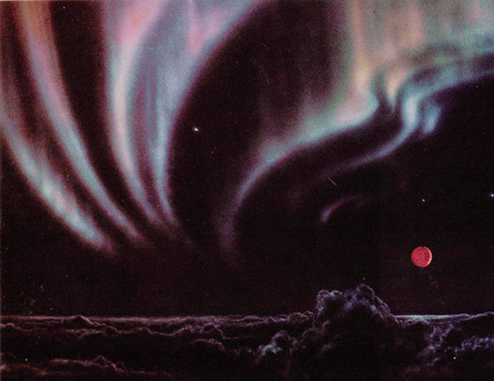 archaeologyart's tweet image. Auroras glow above Jupiter and moon, 1981, Ron Miller.