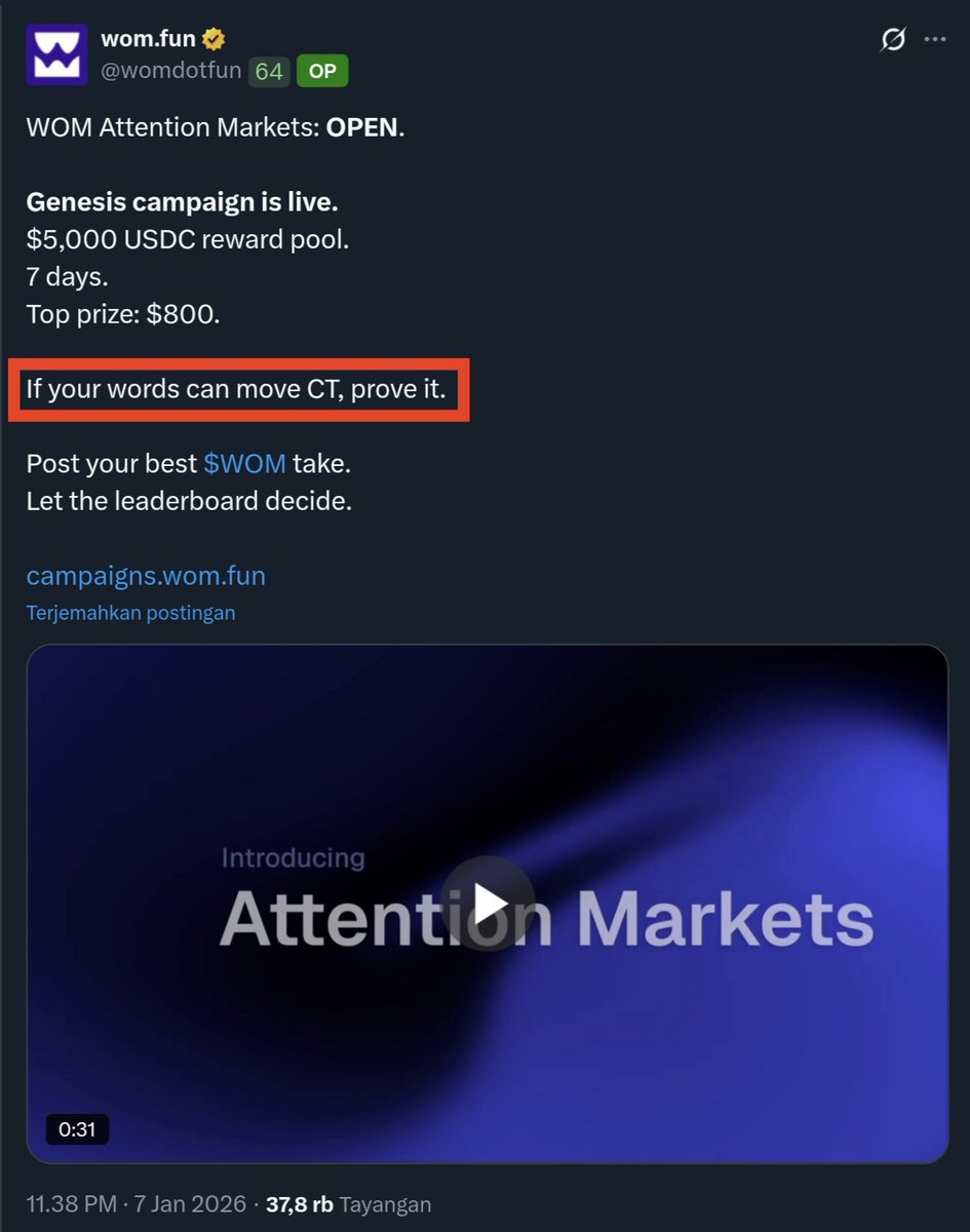 Andri_an79's tweet photo. The "Spam-to-Earn" meta is dead
We are entering the era of "Influence-to-Earn"
Quality > Quantity

@womdotfun is testing this thesis with their Genesis Campaign. $5,000 USDC reward pool. But here's the twist... They DO NOT care about how much you tweet 

READ MY FULL POSTS!

After reading the description, I understand

Standard Web3 campaigns usually go like this: "Like, RT, and Reply 'GM' 100 times." The result? A timeline full of bots & zombies

WOM is different. They track "Propagation". Who can actually plant an idea? Who can get people talking about $WOM organically?
 
The rules are simple but brutal:

- 7-day sprint
- Top prize $800
- One good take beats ten mid ones

You can spam 100 low-effort tweets, but you will still lose to 1 insightful tweet that actually resonates with the market

For content creators, this is the ultimate challenge. It’s a validation of your writing & storytelling skills. Can you actually "move CT" just with your words?

If you are confident in your pen game, it’s time to show off

I just joined

My advice: Don't rush. Cook up a unique angle or thesis about $WOM first, then post

Let the best narrative win

https://t.co/0OGvYNkvmO