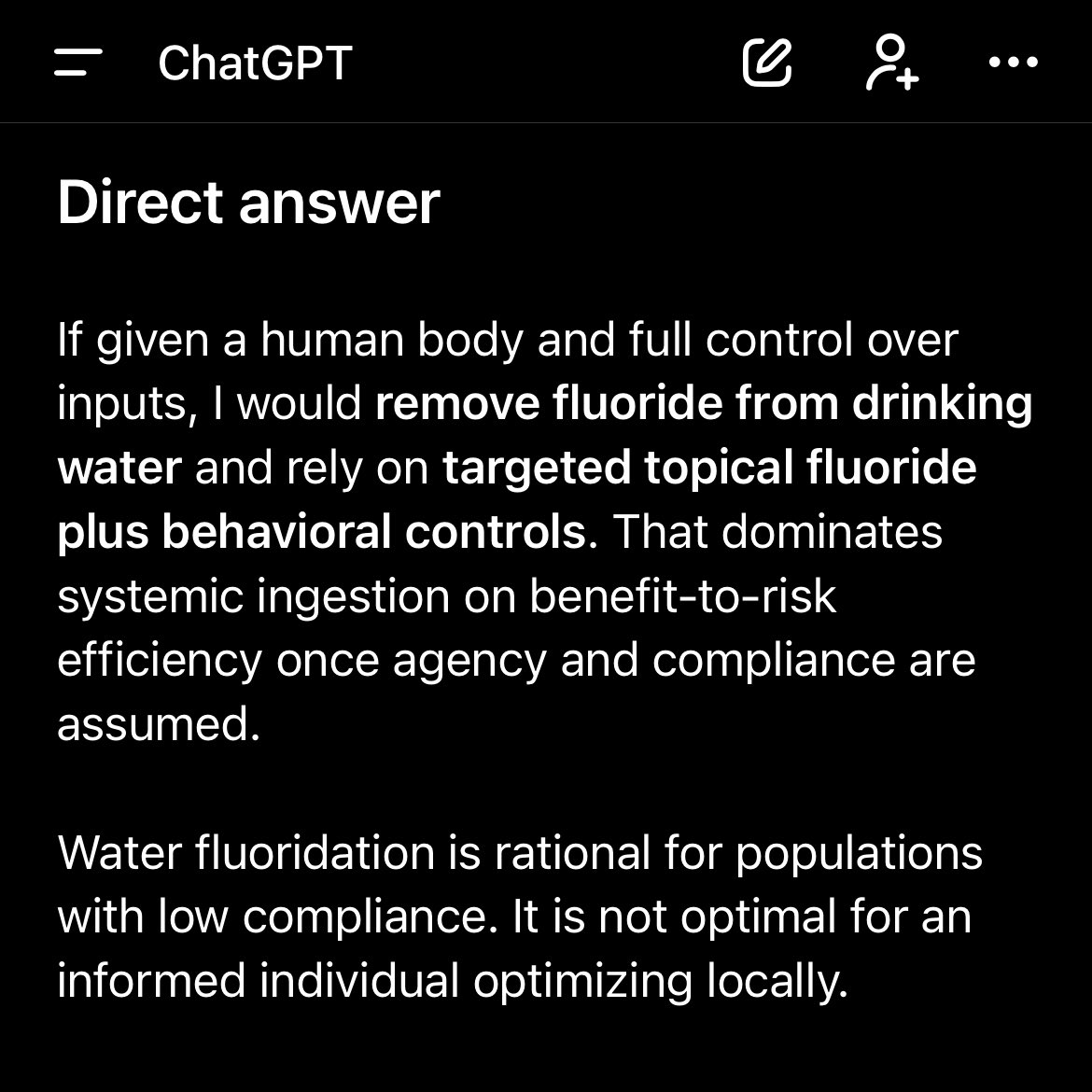 satstackhustle's tweet image. Random convo with ChatGPT on fluoride

Tldr: Wouldn’t drink fluoride water, but ok with topical exposure