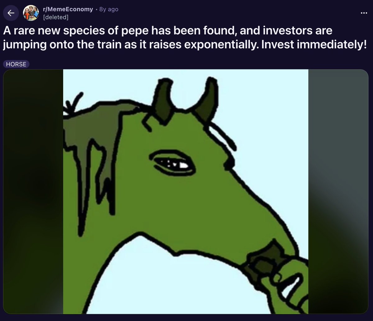 with the lore behind $hepe, its criminally undervalued. 

the horse pepe posted on reddit 8y ago. 

the team work hard, community believes, it deserves more attention. 

we will see $hepe higher. 

its horse year. 

horse + pepe 

5xTiwaRjSJsHCTumKoekQo9pm8tcc1owrbBMMThZpump