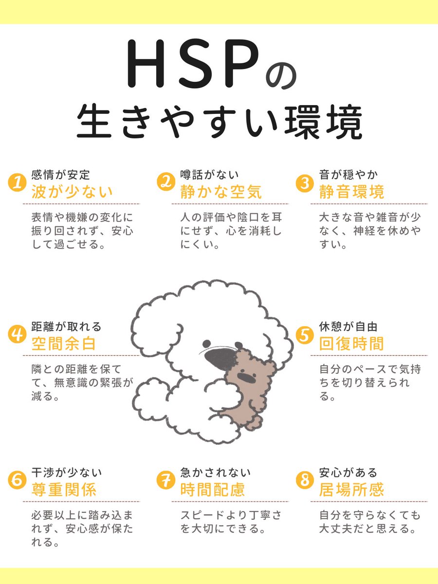 mokomoko_hsp's tweet photo. 人や音、距離感にいつも気を配ってきたHSPにとって、
安心できる環境を知ることは「甘え」じゃなく、生きやすさを守る選択だよ☁️🐾 https://t.co/0ausWIGkjC