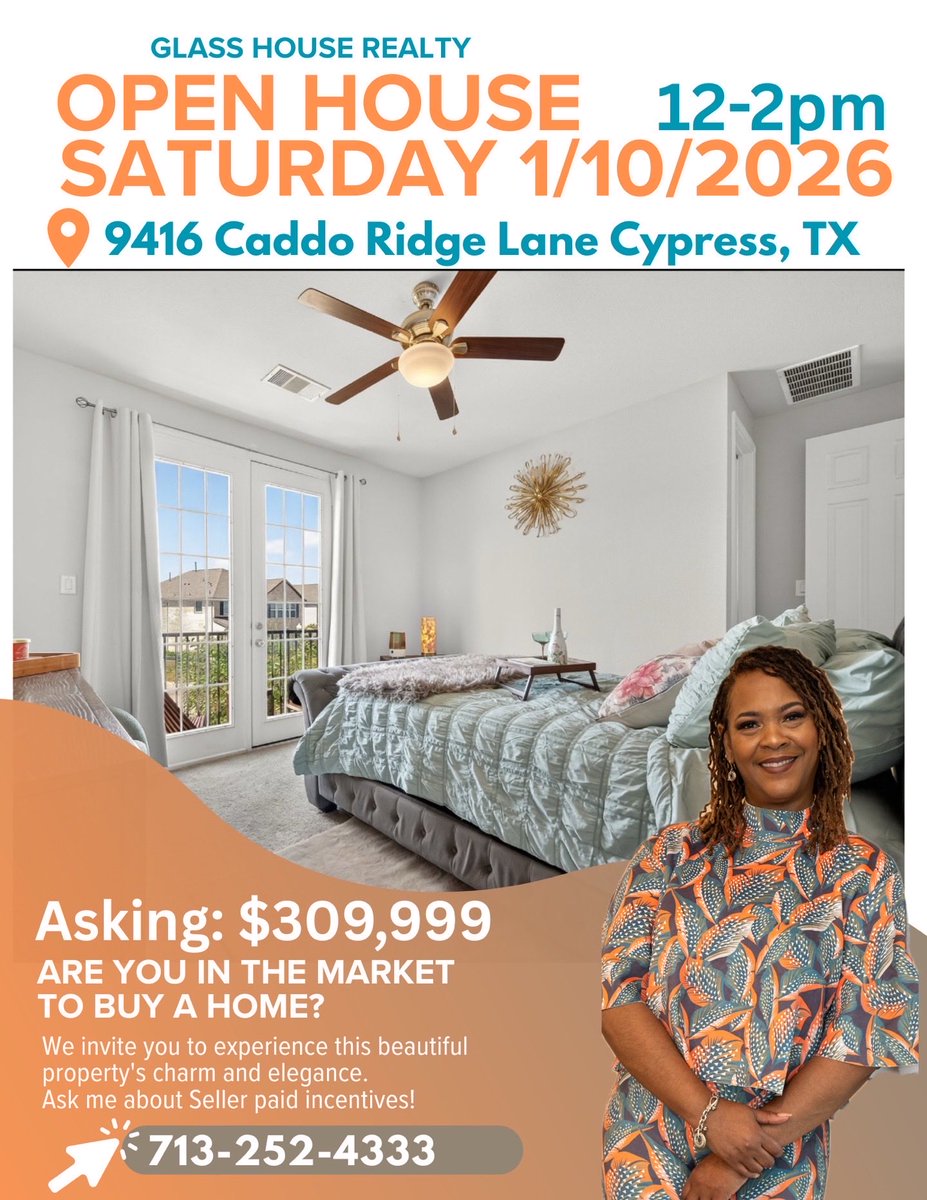 pastorp1969's tweet photo. OPEN HOUSE TOUR THIS SATURDAY! 

Join me Saturday January 10, 2026 from 12-2pm!

9416 Caddo Ridge Lane
Cypress, TX 77433

Paulette Thomas
Glass House Realty

Ask me about Seller Incentives! 

#newlisting #openhouse #listingagent #realestate #movetohouston https://t.co/kvUA8rPlhq