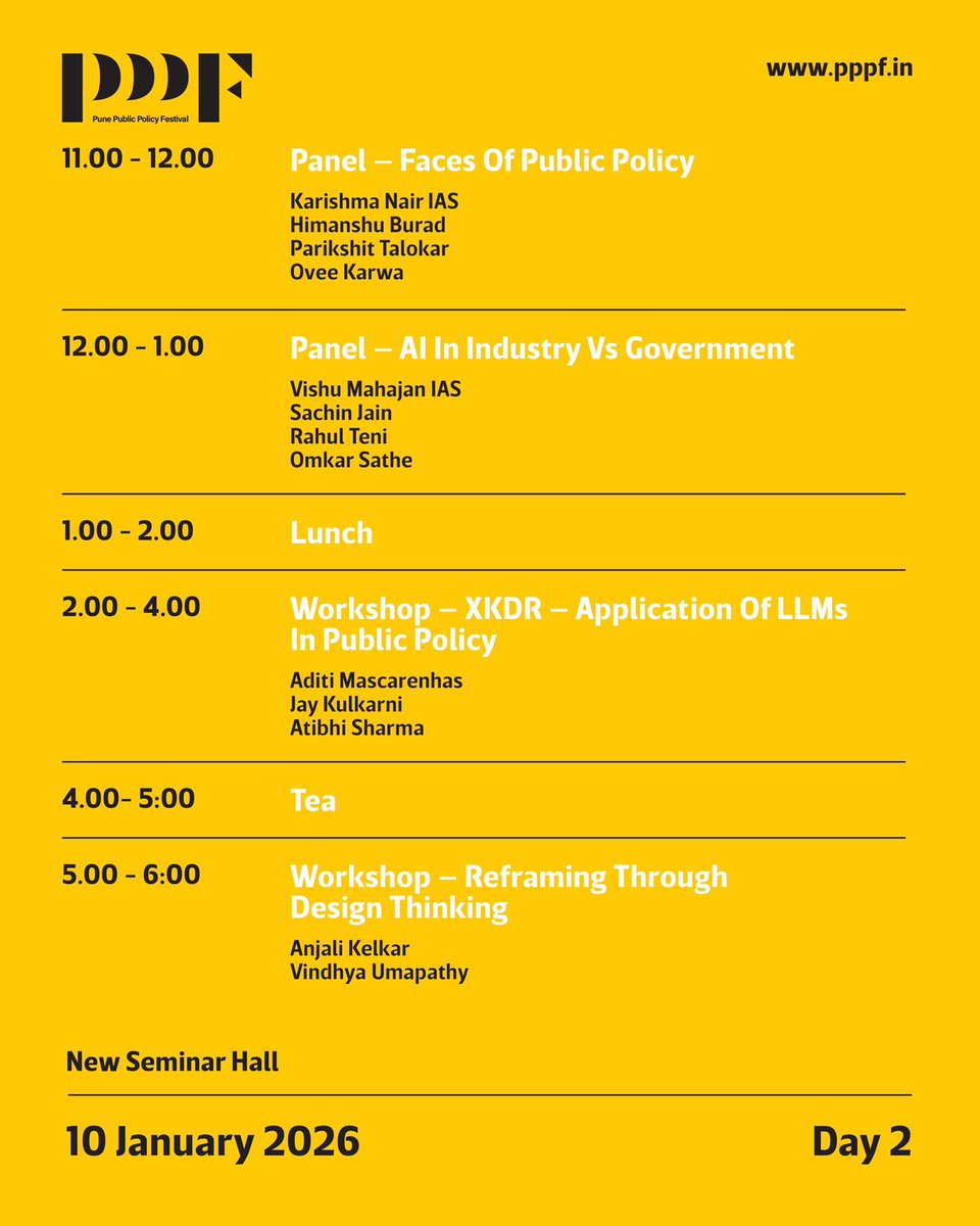 PunePPF's tweet photo. From institutional reform and governance to innovation, education, and communities, Day 2 continues the conversations that began on Day 1. Explore the lineup and plan your sessions for the day.
#PPPF2026 #IdeasInAction #CollectiveLearning #Pune https://t.co/3XIkKX47CW