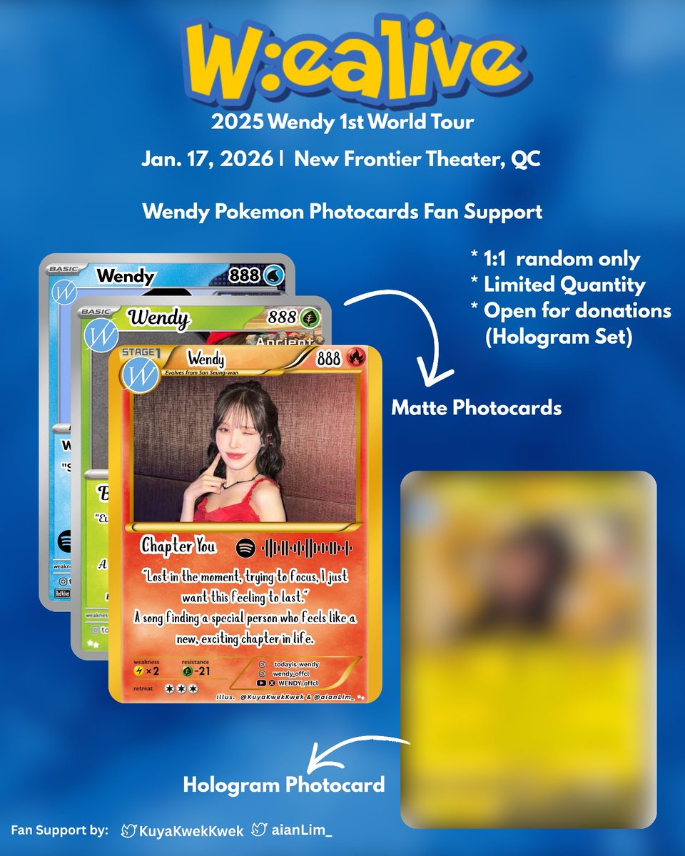 KuyaKwekKwek's tweet photo. w:ealive in manila giveaway by @KuyaKwekKwek

Wendy Pokemon Cards

1:1 ratio(random)
limited quantity
loc: TBA
Open for trades and donations
Like &amp; RT, no need to follow but will be highly appreciated 😊

See you guys 🤗

#WENDY #웬디  
#WENDY_WORLDTOUR_MANILA 
#WEALIVE_IN_MANILA https://t.co/Zhkpy8W0SS
