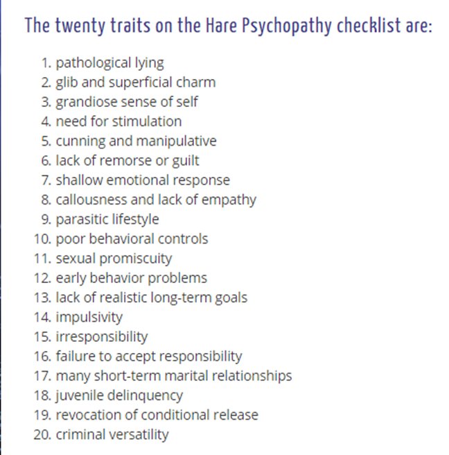johnlew40540571's tweet photo. @donwinslow The 'Hare Psychopathy Checklist' provides aobjective appraisal; score Trump on each criterion
0 = does not apply
1 = applies somewhat
2 = definitely applies) to create a rank of 0 to 40.
A score  of 30+ indicates that the US 'suffers' from a Narcissistic Personality Disorder. https://t.co/VGgt2wVqOD