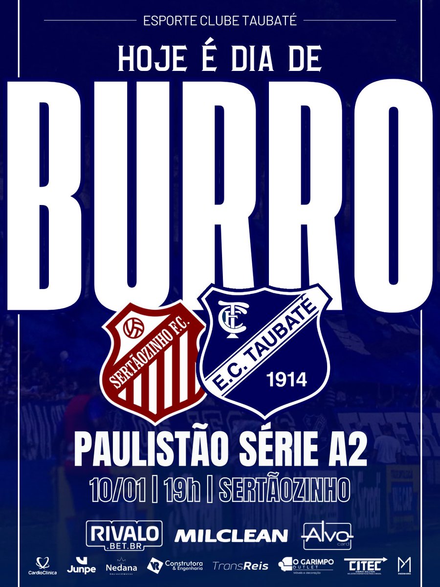 ectaubate's tweet image. HOJE É DIA DE BURRO! 🫏⚽

O #BurrodaCentral entra em campo pela estreia no Paulistão Série A2!

⚽ Sertãozinho x Taubaté
🏆 Campeonato Paulista Série A2
📅 10/01 (sab)
🕖 19h
🏟️ Frederico Dalmaso

#OrgulhoDeSerTaubaté