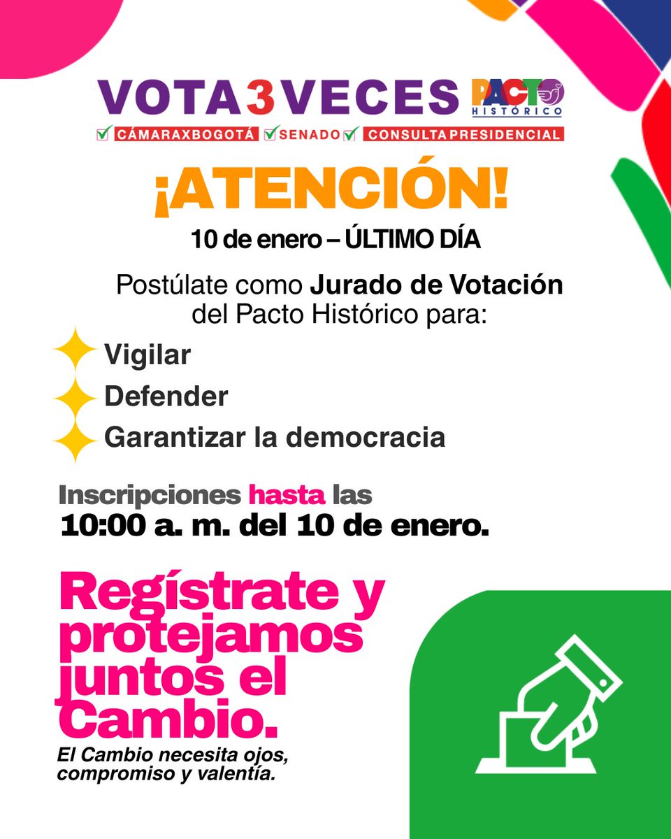 MafeCarrascal's tweet image. Postúlate como JURADO DE VOTACIÓN del @PactoCol en todo el país para las elecciones al Congreso 2026.

¡No dejemos este espacio en manos de otr@s!

El plazo vence el 10 de enero a las 10:00 a.m.
Inscríbete aquí 👇🏽registro.pactohistorico.co/jurados/