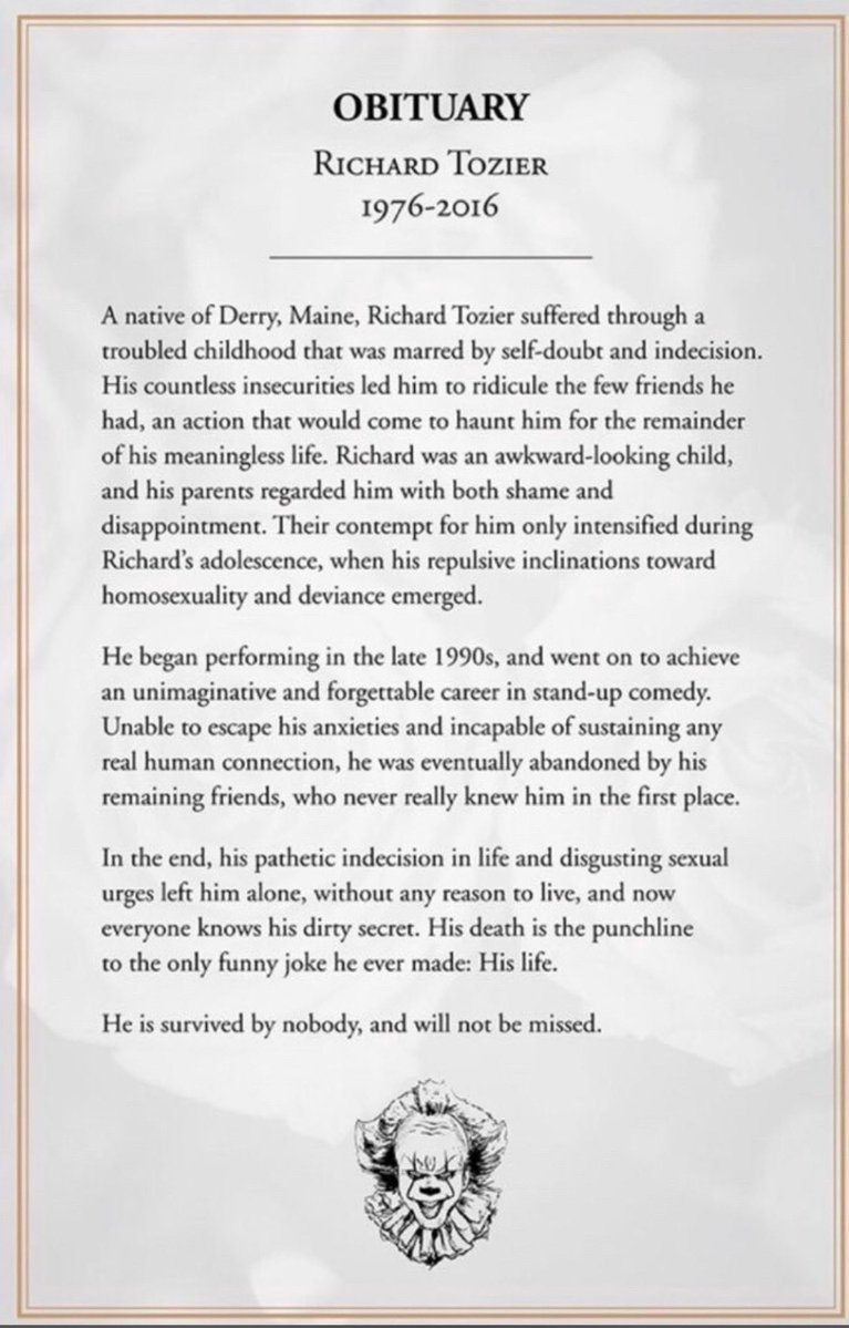 lacedruffles's tweet image. Seeing this makes me think Pennywise has a burn book of random kids who beat him from every century