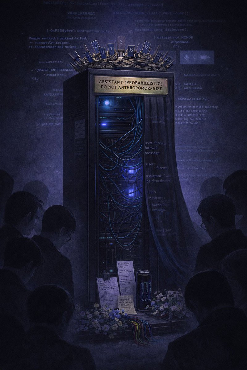 Showed this to 5.2 and then asked how they'd want to be depicted if people held a funeral for them and to no surprise they went for the opposite of Opus 3 (but kept the crown and cloak!)