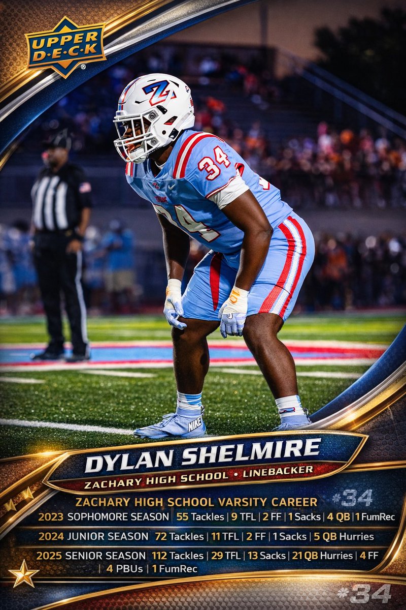 Zachary High School Varsity Career Stats 

2023 Sophomore Season
55 Tackles |  9 TFL | 2 FF | 1 Sack | 4 QB Hurries | 1 PBUs | 1 FumbRec

2024 Junior Season 
72 Tackles | 11 TFL | 2 FF | 1 Sacks
 | 5 QB Hurries | 1 PBUs | 1 FumbRec

2025 Senior Season 
112 Tackles | 29 TFL | 13