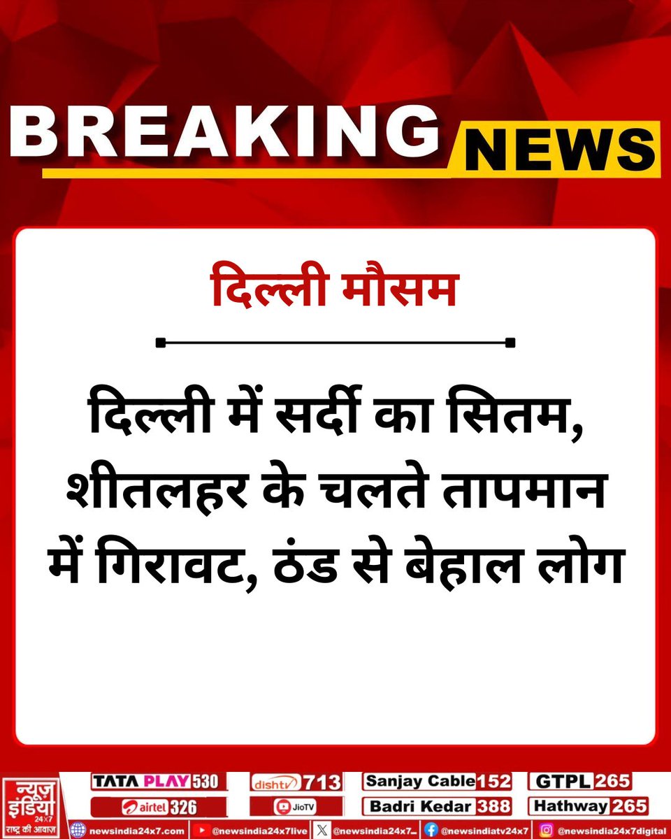 newsindia24x7_'s tweet image. दिल्ली में कड़ाके की ठंड का प्रकोप

शीतलहर के चलते तापमान में तेज गिरावट

सुबह-शाम सड़कों पर सन्नाटा

ठंड से आम जनजीवन प्रभावित

मौसम विभाग ने अलर्ट जारी किया

@Indiametdept 

#DelhiCold #ColdWave #WinterAlert #WeatherUpdate #BreakingNews