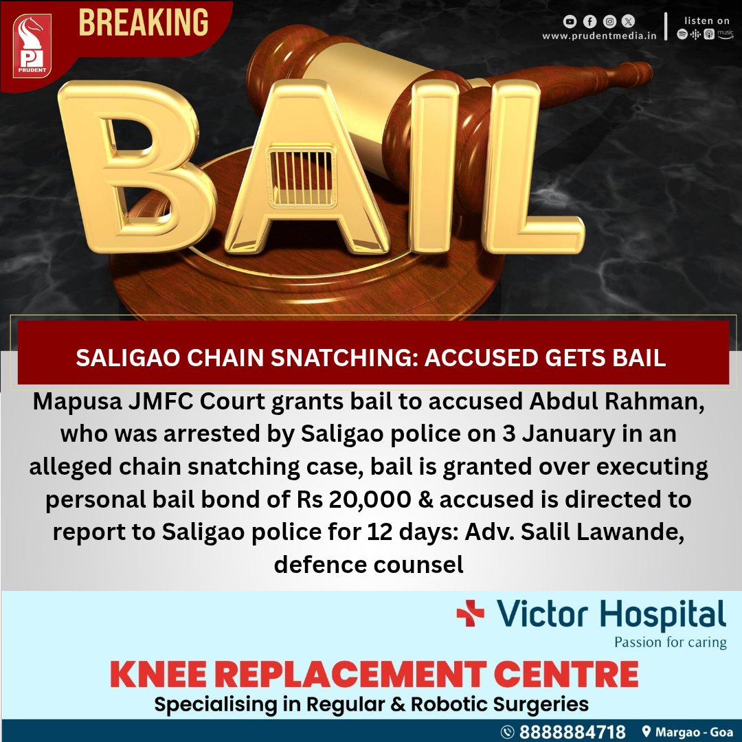 prudentgoa's tweet photo. Saligao Chain Snatching: Accused Gets Bail
#MapusaJMFC #SaligaoPolice #ChainSnatchingCase #BailGranted #GoaCrimeNews #GoaCourts #LegalUpdate #CrimeAndLaw #JudicialProceedings #MapusaNews https://t.co/ctAygigQ5P