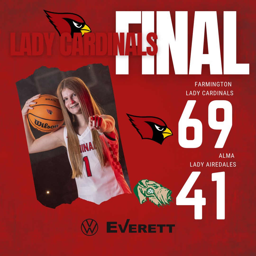 farmingtonfast's tweet photo. Lady Cards over Alma Lady Airedales. @farmingtonfast hit the road again Tuesday against the Lady Gobs. 

@E_McCollough4 31 pts 7 asst 5 reb 
@ReeseThornton20 23 pts 12 reb
@Sadie_Jo2 6 pts 11 reb

#FarmingtonFast 
#TheStandardIsTheStandard #FAMILY https://t.co/3FE7xVsAcE