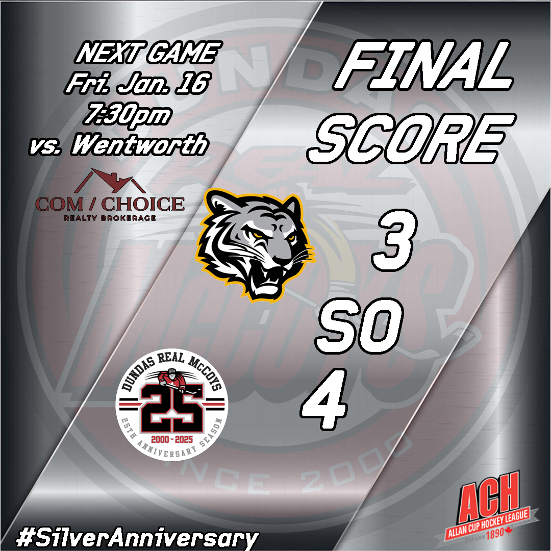 What a night in Dundas! 🔥
The Real McCoys take down the Stoney Creek Tigers in a thrilling shootout win.
Thanks for the amazing support, fans!