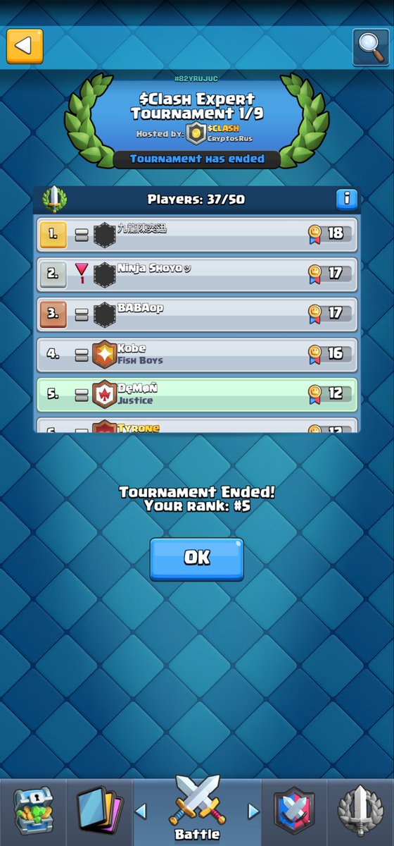 DemonCR122's tweet photo. Great experience! I finished 5th in $Clash Royale tournament by
@GeorgePlayClash 🏆🏆🏆 https://t.co/BLxsKhk1Cu