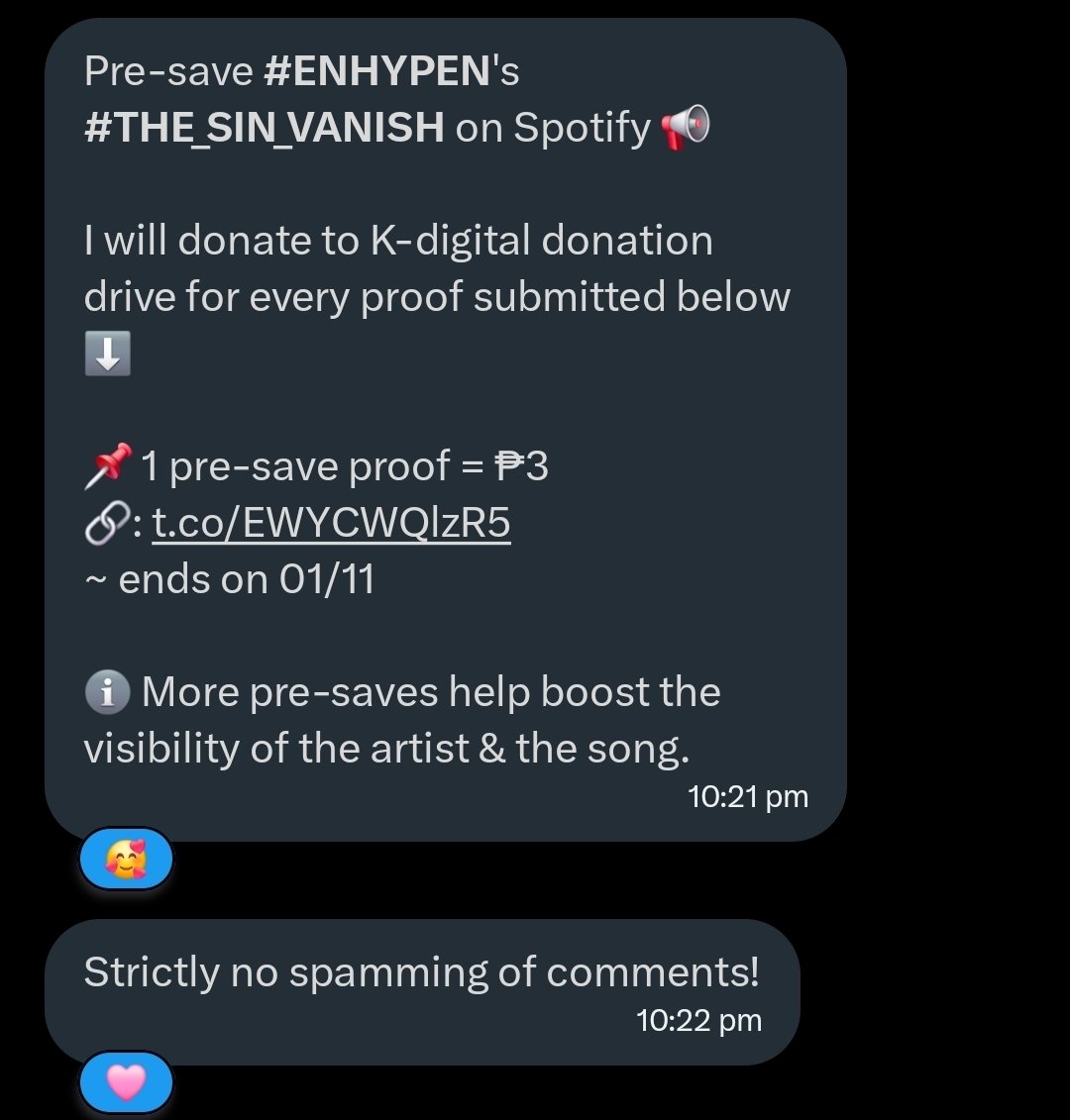 luv_hooniee's tweet photo. Pre-save #ENHYPEN's #THE_SIN_VANISH on Spotify 📢

I will donate to K-digital donation drive for every proof submitted below ⬇️

📌 1 pre-save proof = ₱3
🔗: https://t.co/iHjrhjIN9f
~ ends on 01/11  

ℹ️ More pre-saves help boost the visibility of the artist &amp; the song. https://t.co/RIgaSzEkv7