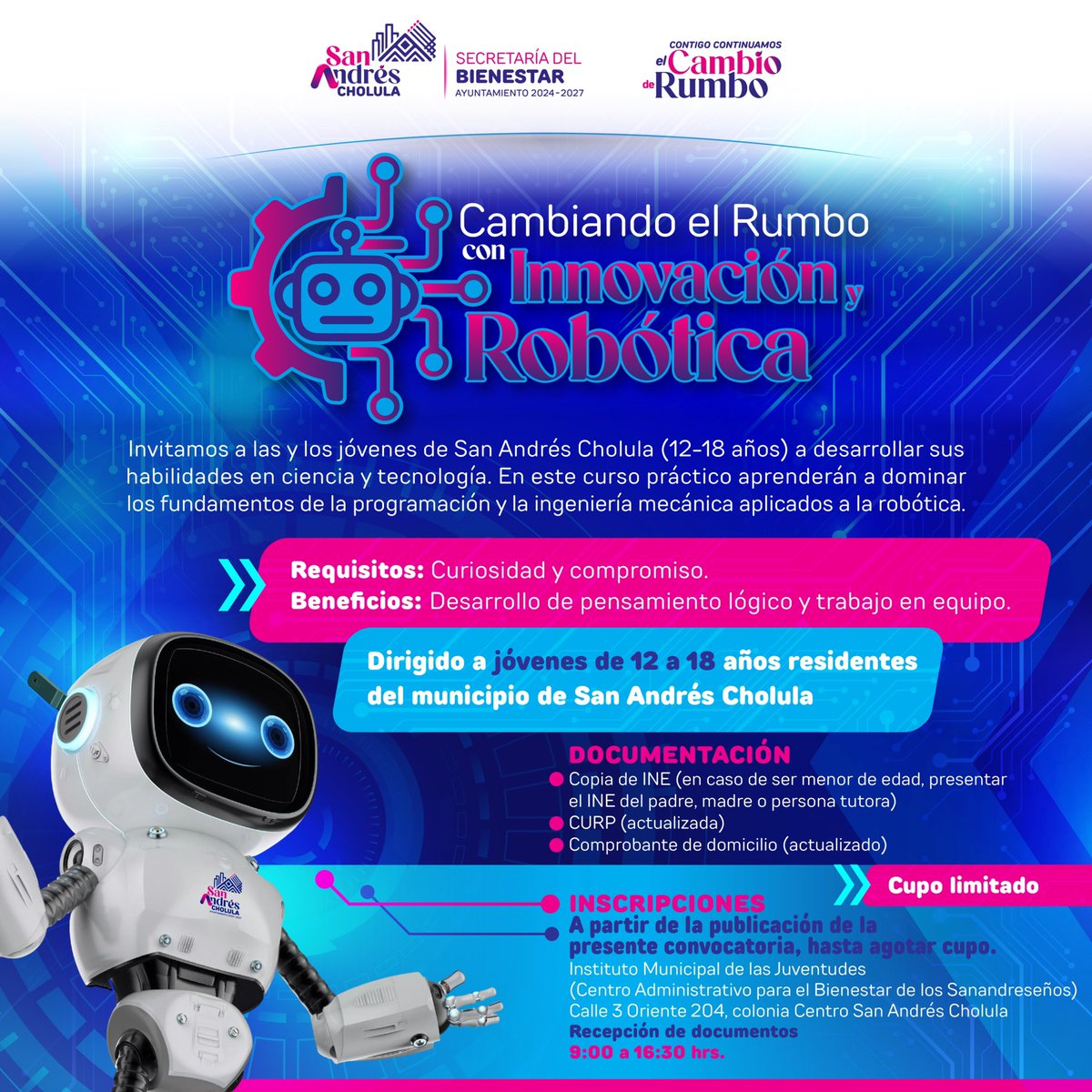 🚀🤖 Tu curiosidad puede llegar más lejos. ⚙️ Invitamos a jóvenes de entre 12 y 18 años a sumarse al curso “Cambiando el Rumbo con Innovación y Robótica”, en el que la ciencia y la tecnología se convierten en herramientas para materializar ideas. 

🎟️ Cupo limitado.