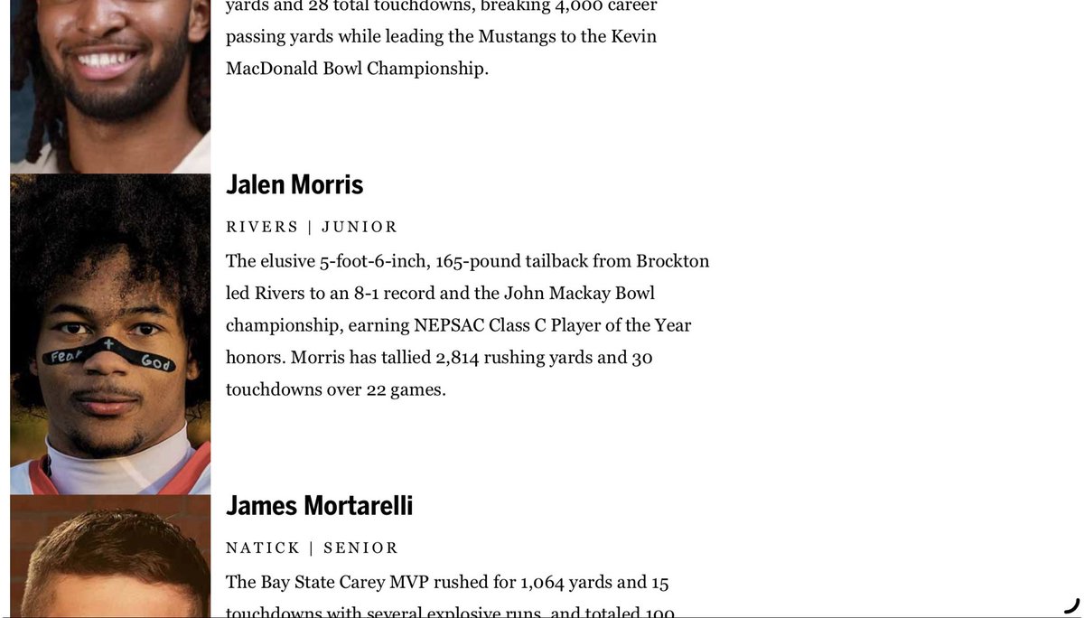 Thank you <a href="/BostonGlobe/">The Boston Globe</a> for choosing me to be All Scholastic!!! <a href="/sixstarfootball/">Six Star Football | PLUS+</a> <a href="/AthPlusRecruits/">AthletesPlusRecruits</a>  <a href="/RiversAthletics/">Rivers Athletics</a> <a href="/Coach_RanddyL/">Randdy Lindsey</a> <a href="/CoachGennettiMC/">Mike Gennetti</a> <a href="/_CoachTC/">Tim Christensen</a> <a href="/Coach_McKaig/">Coach McKaig</a> <a href="/CoachLinney/">Brandon Linney</a> <a href="/_CoachFrost/">Jordan Frost-Dixon</a> <a href="/CoachRMcCormack/">Ryan P. McCormack, Director of Scouting</a> <a href="/CJScarpaIII/">CJ Scarpa</a> <a href="/Coach_OOmoyeni/">Osho Omoyeni</a> <a href="/julianrowecohen/">Julian Rowe-Cohen</a> <a href="/CoachSHuggins/">Savon Huggins</a>