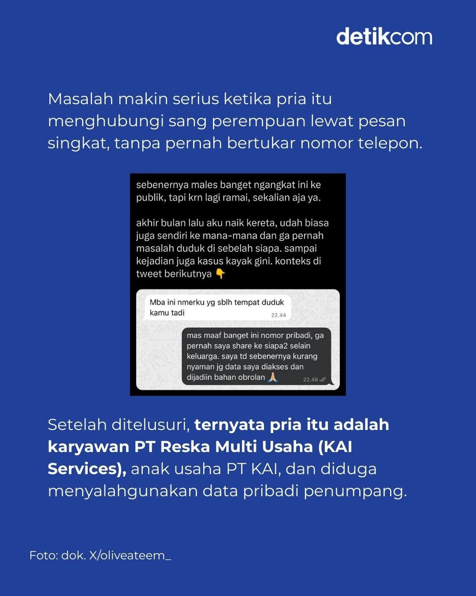 detikfinance's tweet photo. Viral di media sosial X, seorang perempuan mengungkap data pribadinya diduga disalahgunakan oleh oknum karyawan KAI Services. Curhatan ini pun langsung menyita perhatian publik.⁣
⁣
#detikfinance #datapribadi #karyawankai #kaiservices #penumpangkai #viral https://t.co/xeYFCDjzZW