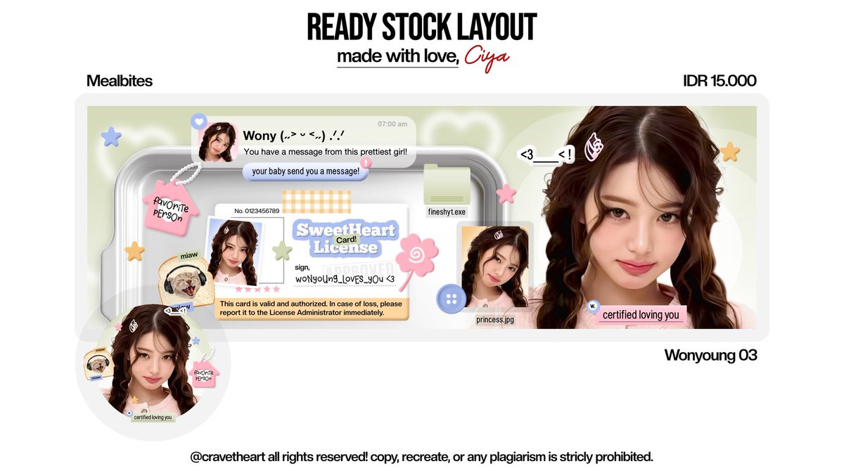 cravetheart's tweet image. help repost yaa? thank uu ‹𝟹

aku masih "OPEN REQUEST" untuk katalog "MEALBITES" ya guys! yg berminat nanti formnya aku send via dm, jgn lupa mention dulu yh 🫶🏻

dan ini ada 4 layout ready stock kya &amp;amp; wonyoung yg siap dijemput, free retext ya :3

#zonauang