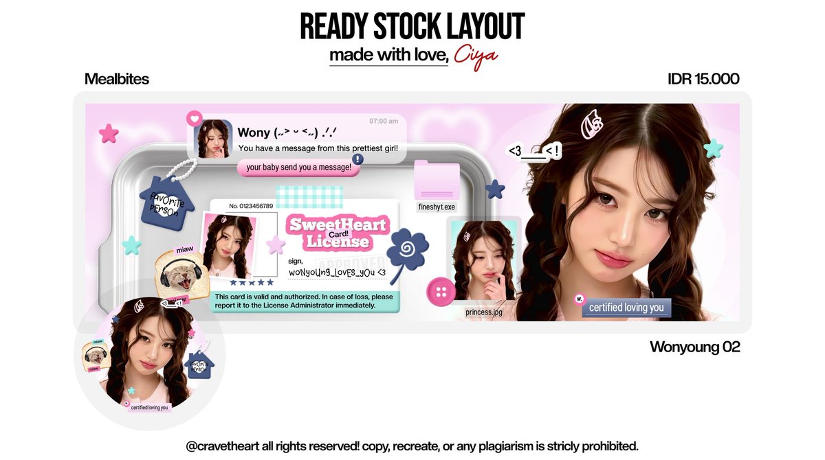 cravetheart's tweet image. help repost yaa? thank uu ‹𝟹

aku masih "OPEN REQUEST" untuk katalog "MEALBITES" ya guys! yg berminat nanti formnya aku send via dm, jgn lupa mention dulu yh 🫶🏻

dan ini ada 4 layout ready stock kya &amp;amp; wonyoung yg siap dijemput, free retext ya :3

#zonauang