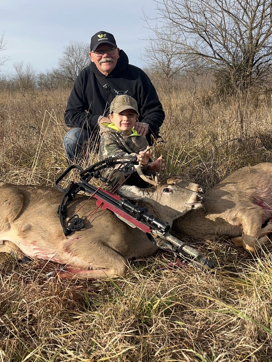 Garrett_Love's tweet photo. Grayson was excited to fill our freezer with perfect shot with crossbow on a buck and a doe! Pretty special Christmas memory with Papa Chad (for both of them) shooting his first deer!! https://t.co/65m86ubNyh