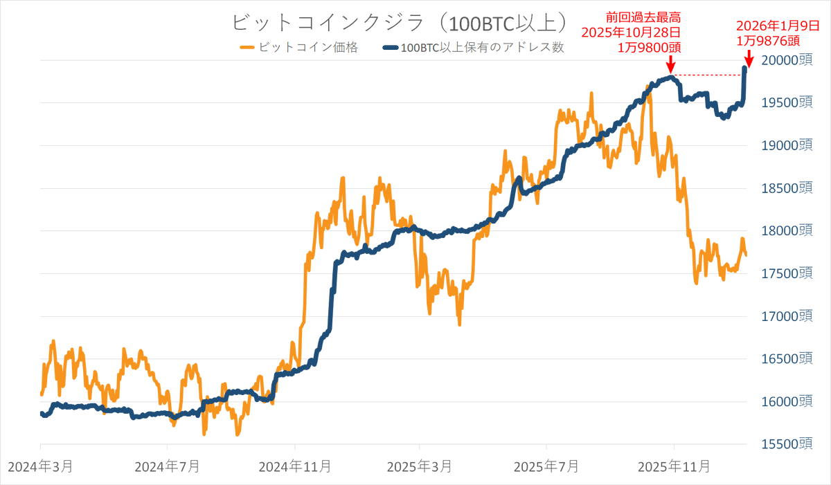 angorou7's tweet image. ビットコインクジラが大量発生しました。
ビットコイン爆上げに注意して下さい⚠️🚀

100BTC以上保有するクジラが急増し、
過去最高頭数を更新しました

ビットコインは2025年10月に最高値をつけたあと下落に転じ、それに伴ってクジラの数も減少しましたが、最近一気に増え、過去最高を更新しました