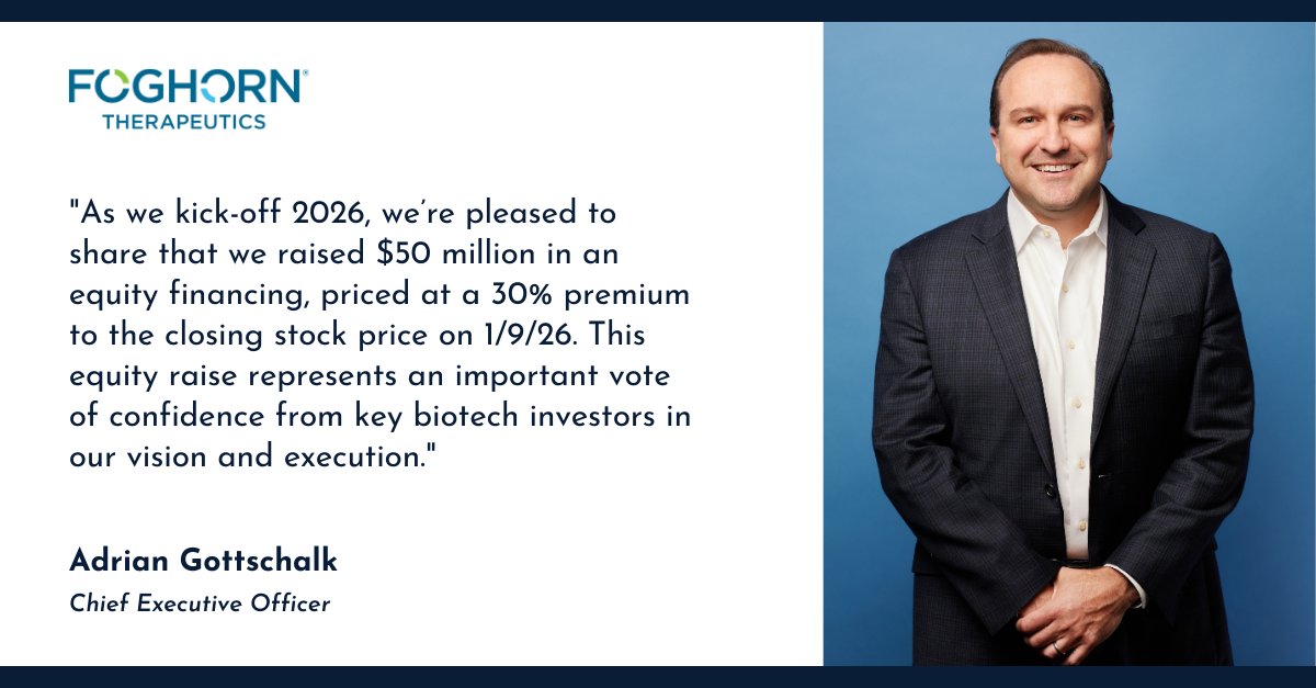 foghorntx's tweet photo. Today, we announced a $50M equity financing, with a look ahead to our 2026 priorities and progress across the $FHTX first-in-class oncology pipeline: https://t.co/t9VV84Za3q #JPM2026 https://t.co/Bq1SDcixPM