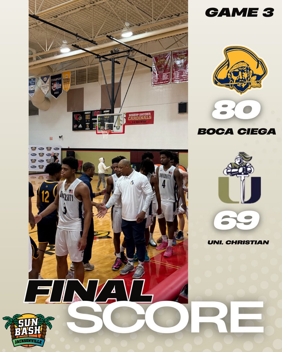 thehoopvibe's tweet photo. Game 3: @sunbashtourney Jacksonville

Final Score

Boca Ciega 80
Uni. Christian 69

Players of The Game

2026 G Keshawn Andrews (25 PTS) - Boca Ciega

2027 G Damarri Young-Grant (15 PTS) - University Christian https://t.co/dlnNIw3Ins