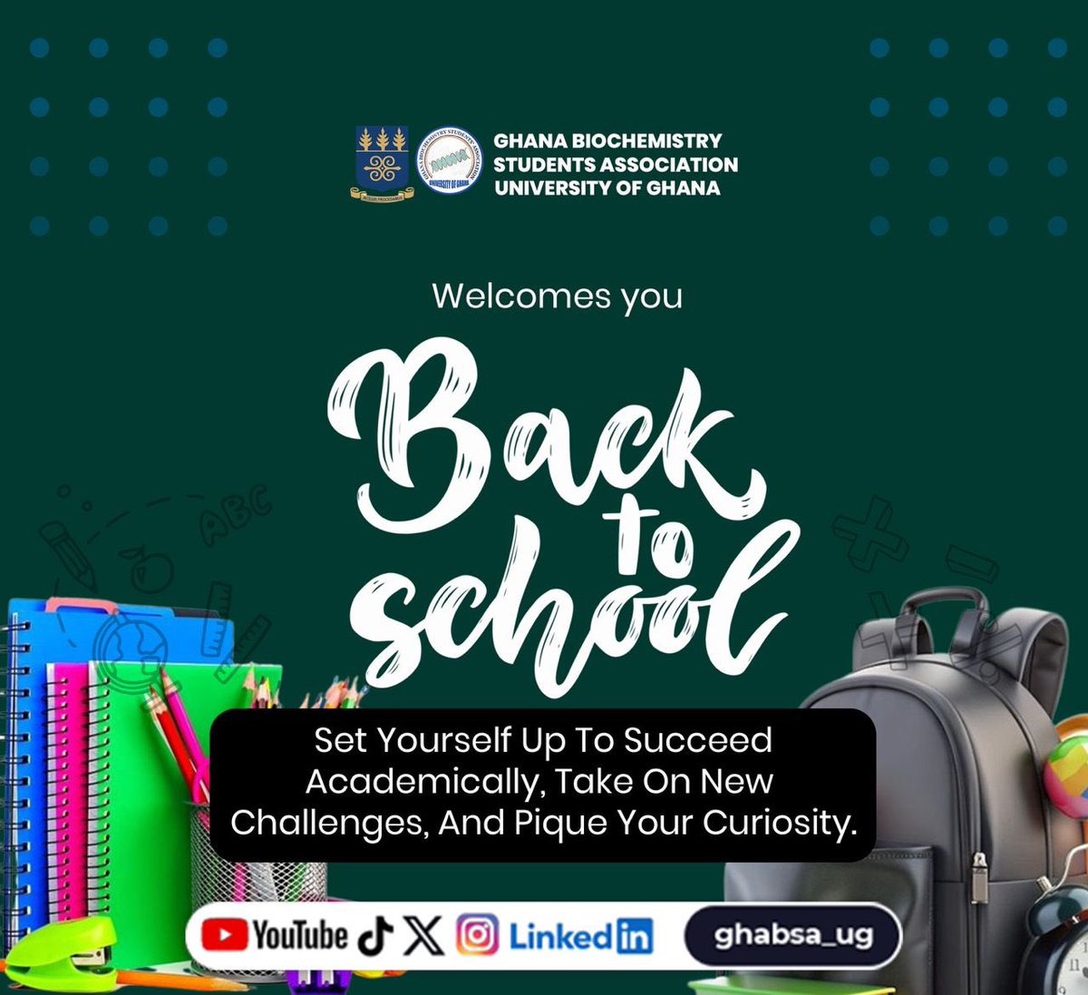 GHABSA_UG's tweet photo. Welcome back, Ghabsarians!
Wishing you a legendary semester filled with inspiration, growth, excellence, and unforgettable moments. Let’s make it iconic. ✨#ghabsaug #sustaininglife #biochemistrystudent https://t.co/KNK3TEbT0M