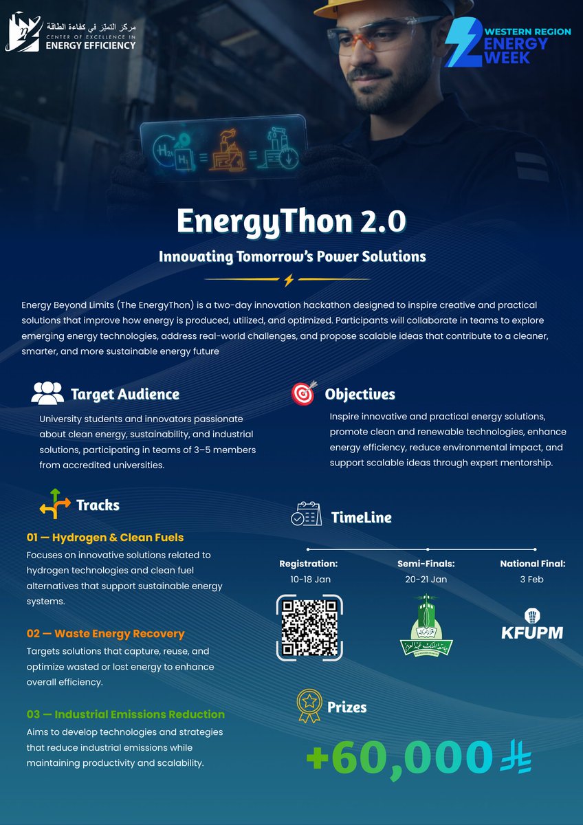 energyweek_sa's tweet photo. ⚡ EnergyThon 2.0 | Western Region ⚡

هاكاثون طلابي لجامعات المنطقة الغربية لتطوير حلول طاقة مبتكرة ضمن #EnergyWeek

📝 التسجيل: 10–18 يناير
⚔️ نصف النهائي: 20–21 يناير – جامعة الملك عبدالعزيز
🏁 النهائي الوطني: 3 فبراير – KFUPM
🏆 جوائز تتجاوز 60,000 ريال

🔗 https://t.co/uq3a5a7aA2
Innovating Tomorrow’s Power Solutions.

#LetsEnergizeTheFuture #energyweeksa