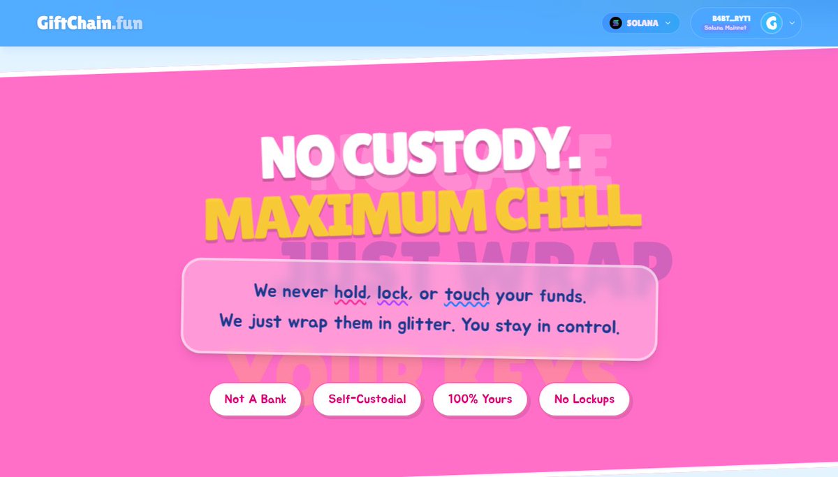 SloviOnChain's tweet image. LAUNCHED - Giftchain is now live!! 🥳🎁
giftchain.fun

You can now do all your gifting
fully on-chain. Wrap crypto with a message &amp;amp;
Send it as a gift.
And we keep a public record of it 💌

If you’re building something on blockchain
and want funds in crypto, bring your…