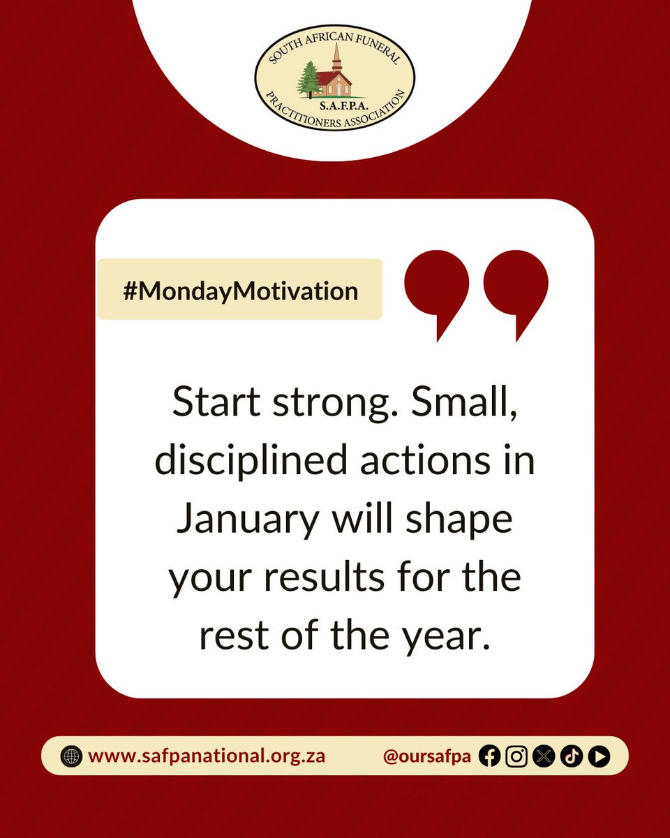 oursafpa's tweet photo. Start strong. Small, disciplined actions in   January will shape your results for the rest of the year.

#SAFPA #StartStrong #BusinessOwners #FuneralIndustry #MondayMotivation https://t.co/O945WtC199