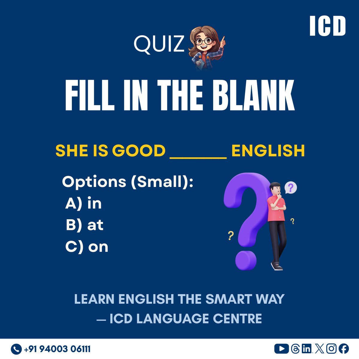 icd_languages's tweet photo. Fill in the blank 👇

Comment A, B, or C

Follow ICD Language Centre for daily English practice.

#LearnEnglish #EnglishPractice #SpokenEnglish #ICDLanguageCentre #EnglishQuiz #DailyEnglish #EnglishLearning https://t.co/tLAa8ZapTM