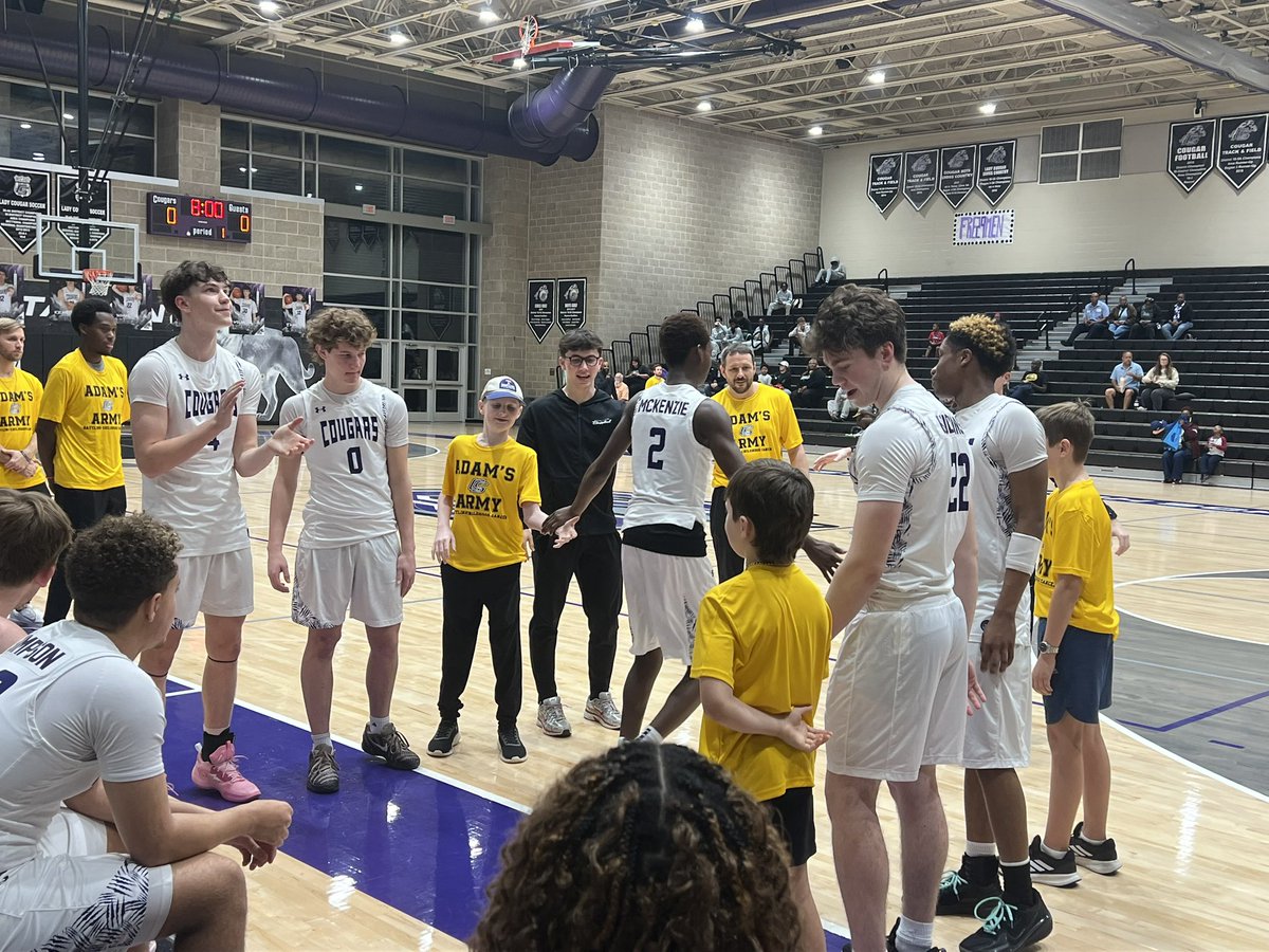 AdamsArmyFdtn's tweet photo. Thank you @CSCougarHoops for sharing about @AdamsArmyFdtn at the game tonight! Congrats on the big win!! 💜🐾🏀

Great job to Charlie Van Eman and his brothers for being our ambassadors tonight! 💛🎗️

#childhoodcancerawareness
#adamsarmy
#FaithOverFear #GoCougs https://t.co/JfD4bcDccl