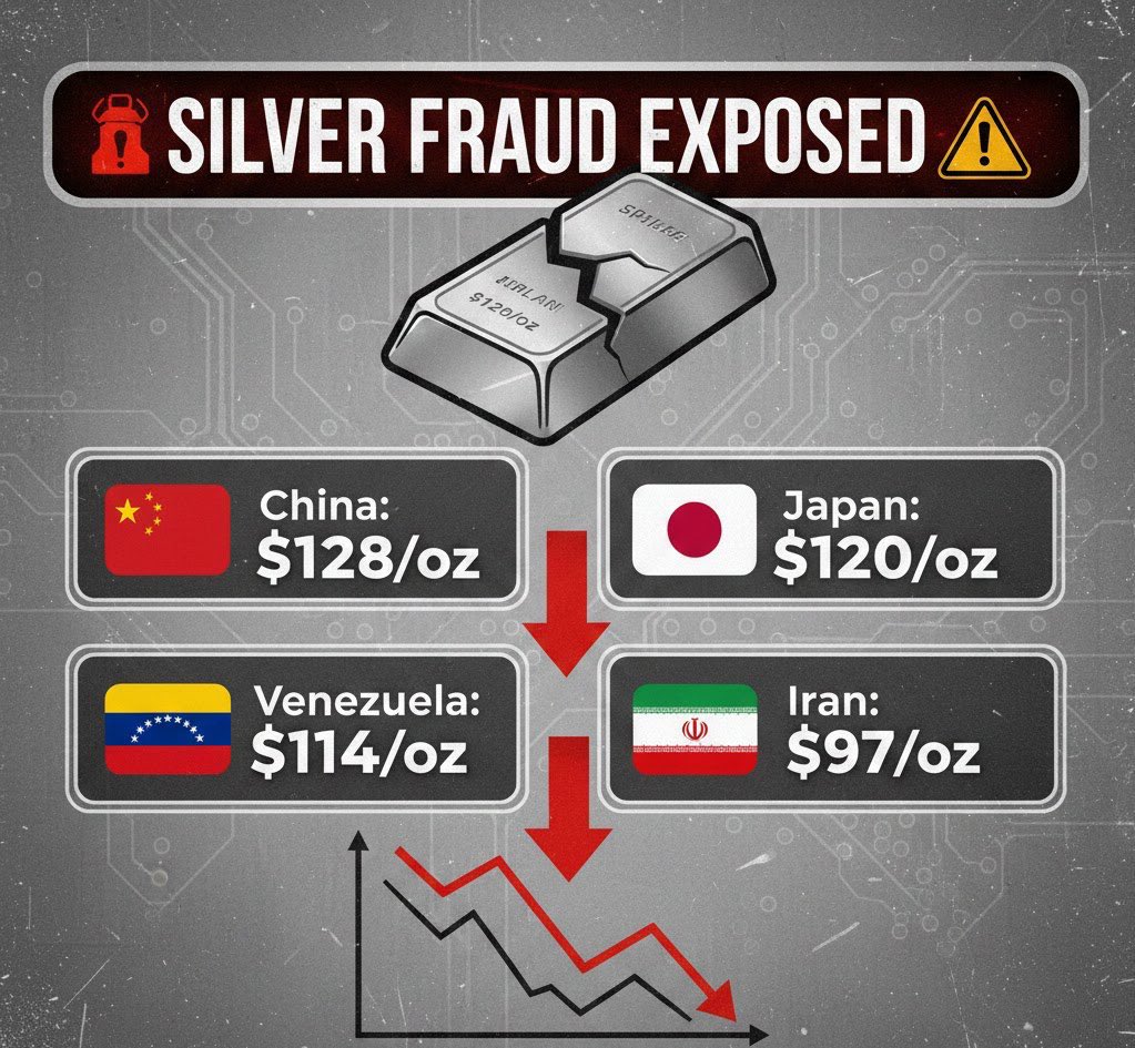 🚨 SILVER FRAUD EXPOSED ⚠️

The disconnect is PAINFUL. While paper markets try to hold the line, the physical world is screaming: 

China: $128/oz 
Japan: $120/oz 
Venezuela: $114/oz 
Iran: $97/oz

The "Sell Wall" is a paper tiger. Banks are naked shorting a metal that is