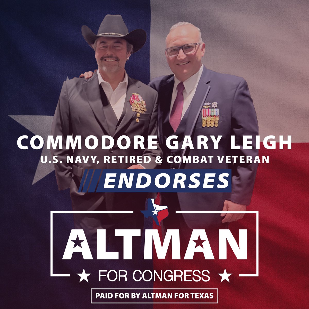 altmanfortexas's tweet photo. 🚨ENDORSEMENT ALERT🚨
Thank you Commodore Gary Leigh, U.S. Navy, Retired & Combat Veteran, for endorsing Rob Altman for Congress in TX-10. Another strong voice joining the movement to put Texas first. 🇺🇸
#AltmanForTexas #TX10 #Endorsement #USNavy #CombatVeteran https://t.co/3e3Z9vPEbM